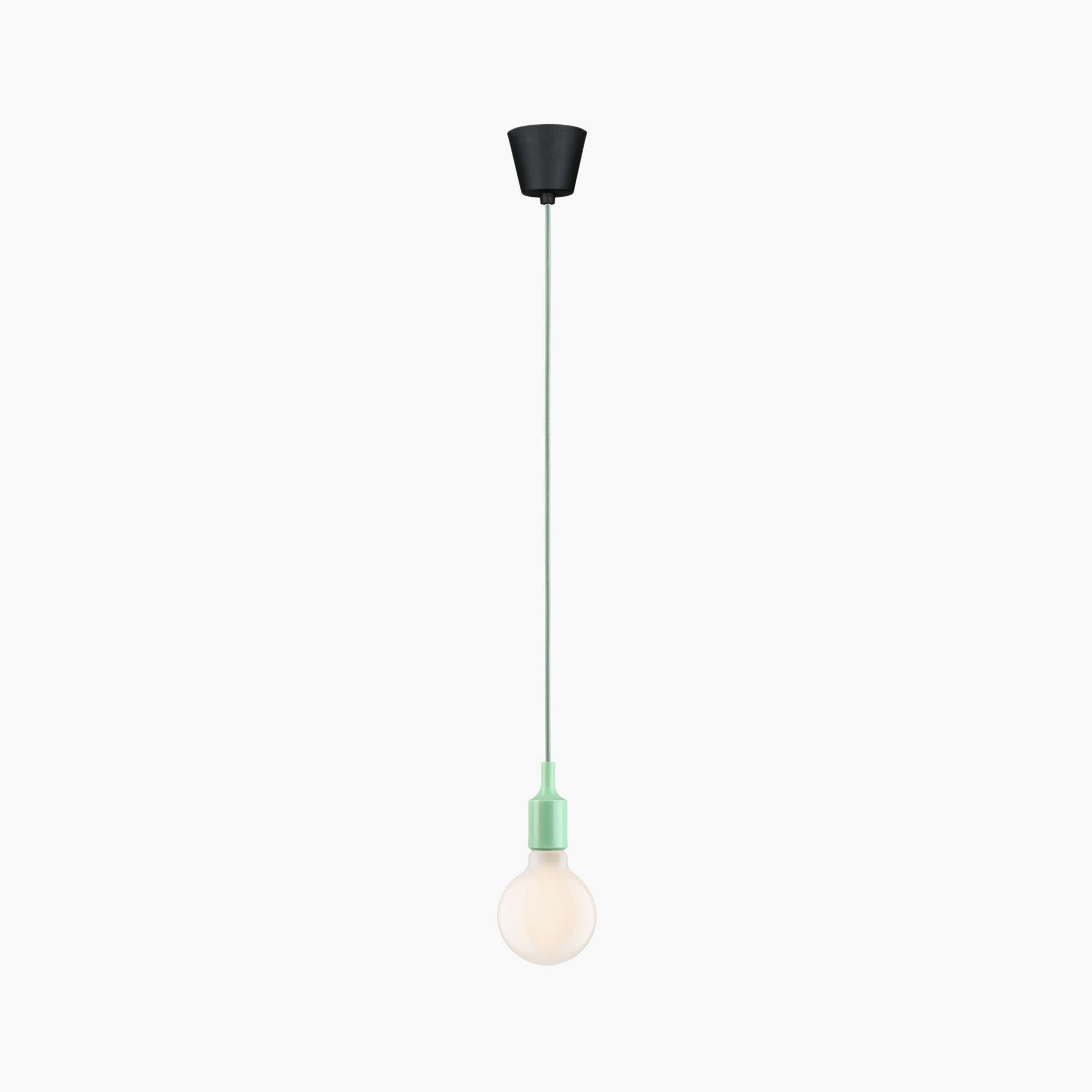 The Paulmann - Neordic Ketil 60W Dimmable Pendant Light in light green features a minimalist design with a silicone light green cord and black ceiling mount, complete with an E27 bulb that casts a warm glow.