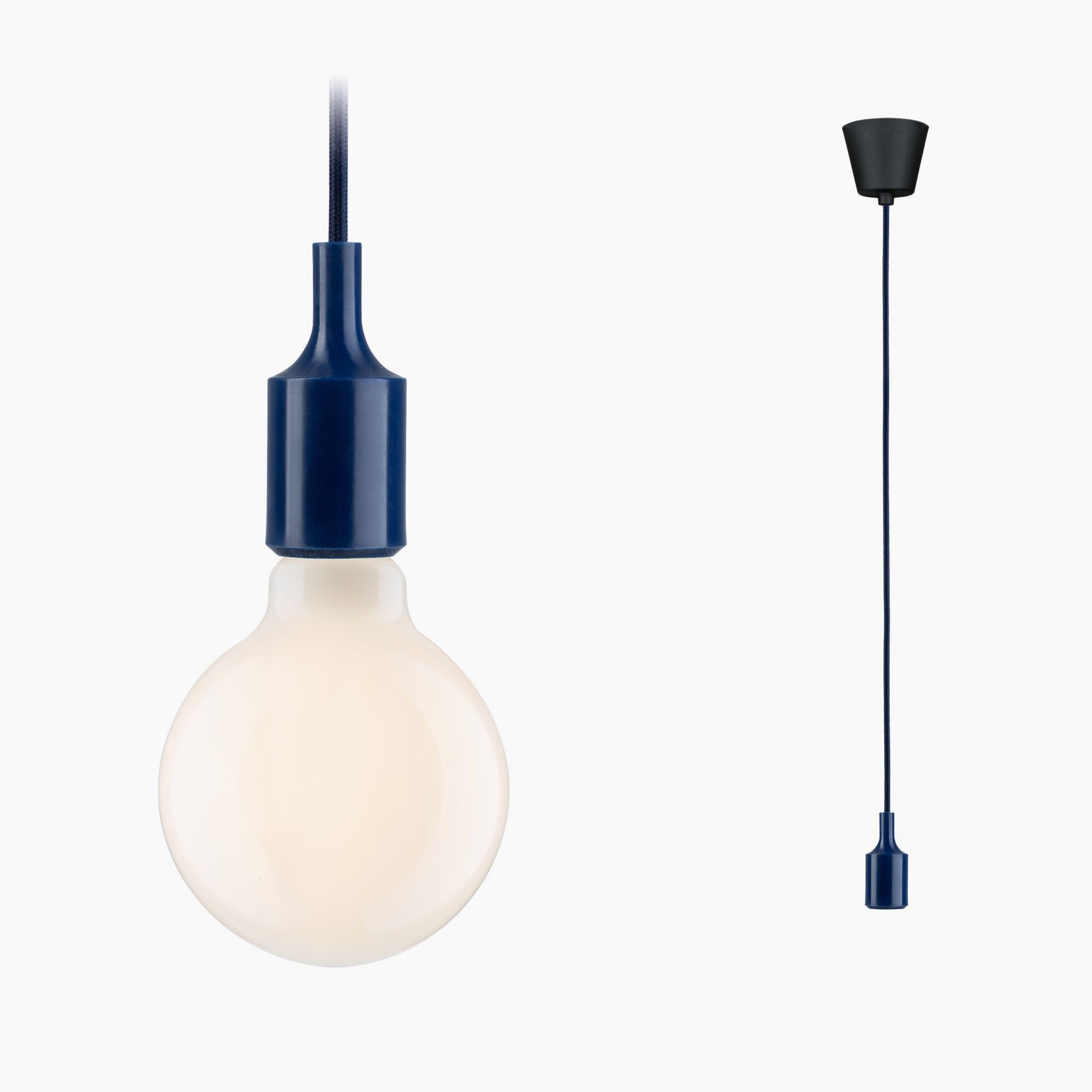 Introducing the Paulmann - Neordic Ketil 60W Dimmable Pendant Light in Night Blue, which boasts a striking hanging light bulb with a night blue silicone socket and a sleek black cord set against a crisp white backdrop.