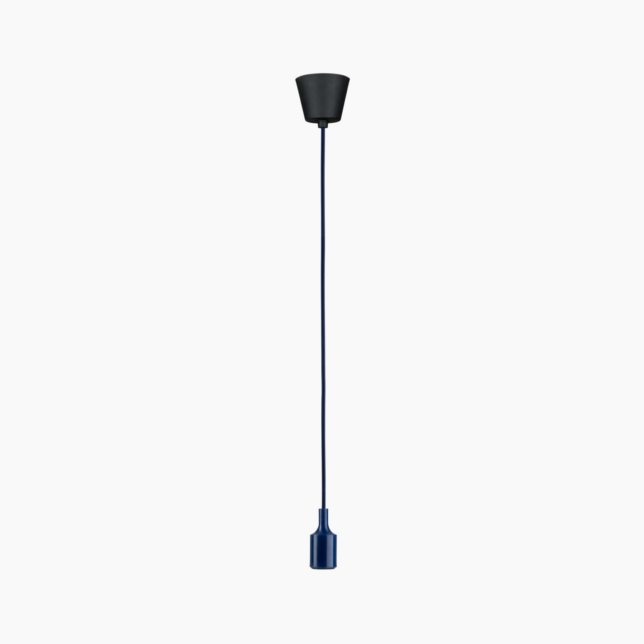 The Paulmann - Neordic Ketil 60W Dimmable Pendant Light in Night Blue features a minimalist design with a black top and a striking night blue silicone cord, complemented by a matching bulb holder against a pristine white background.