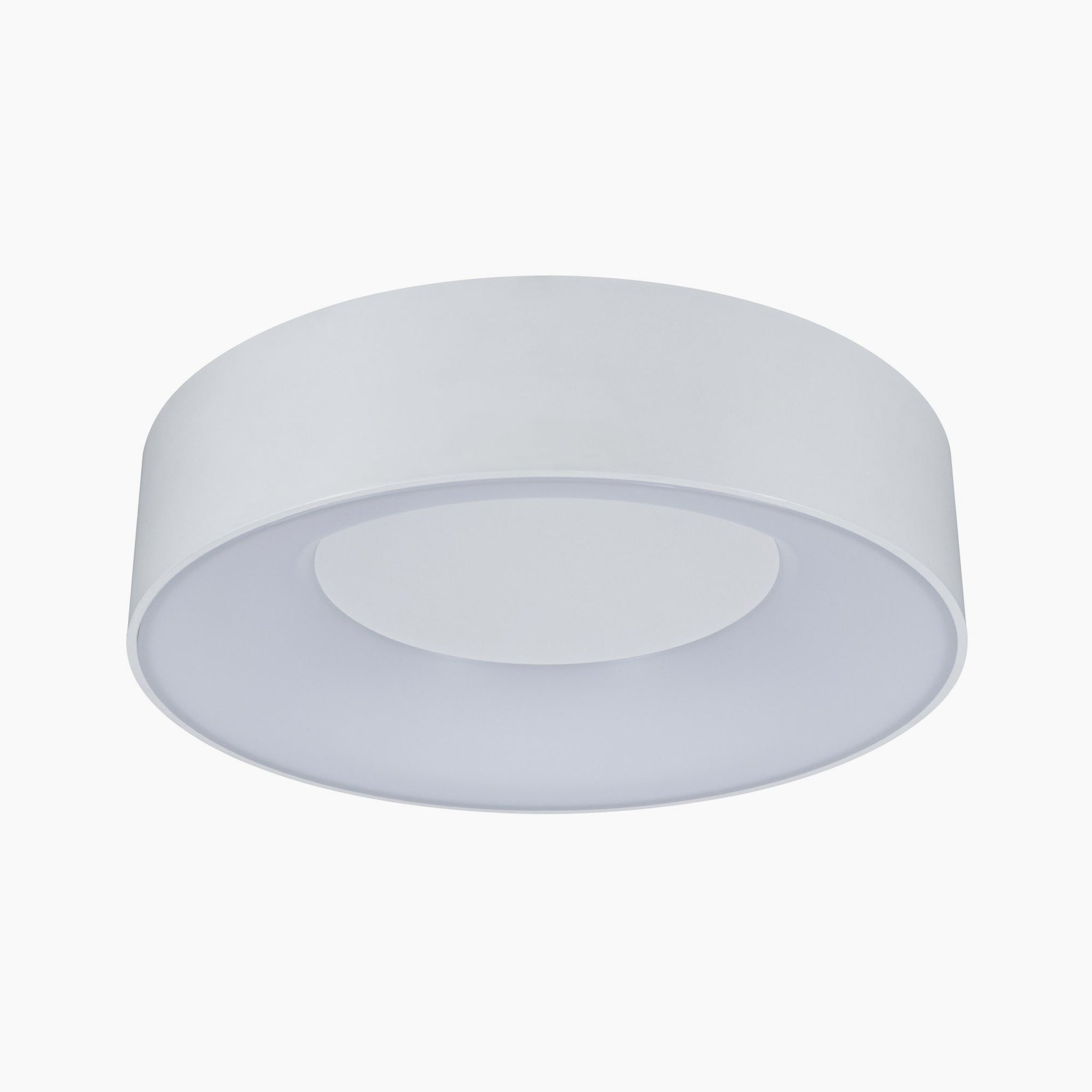 The Casca 18W LED Switch 1500lm Ceiling Light in White is a round, modern ceiling luminaire with a flat, smooth surface and a minimalistic design, featuring an adjustable light color for a special lighting effect.