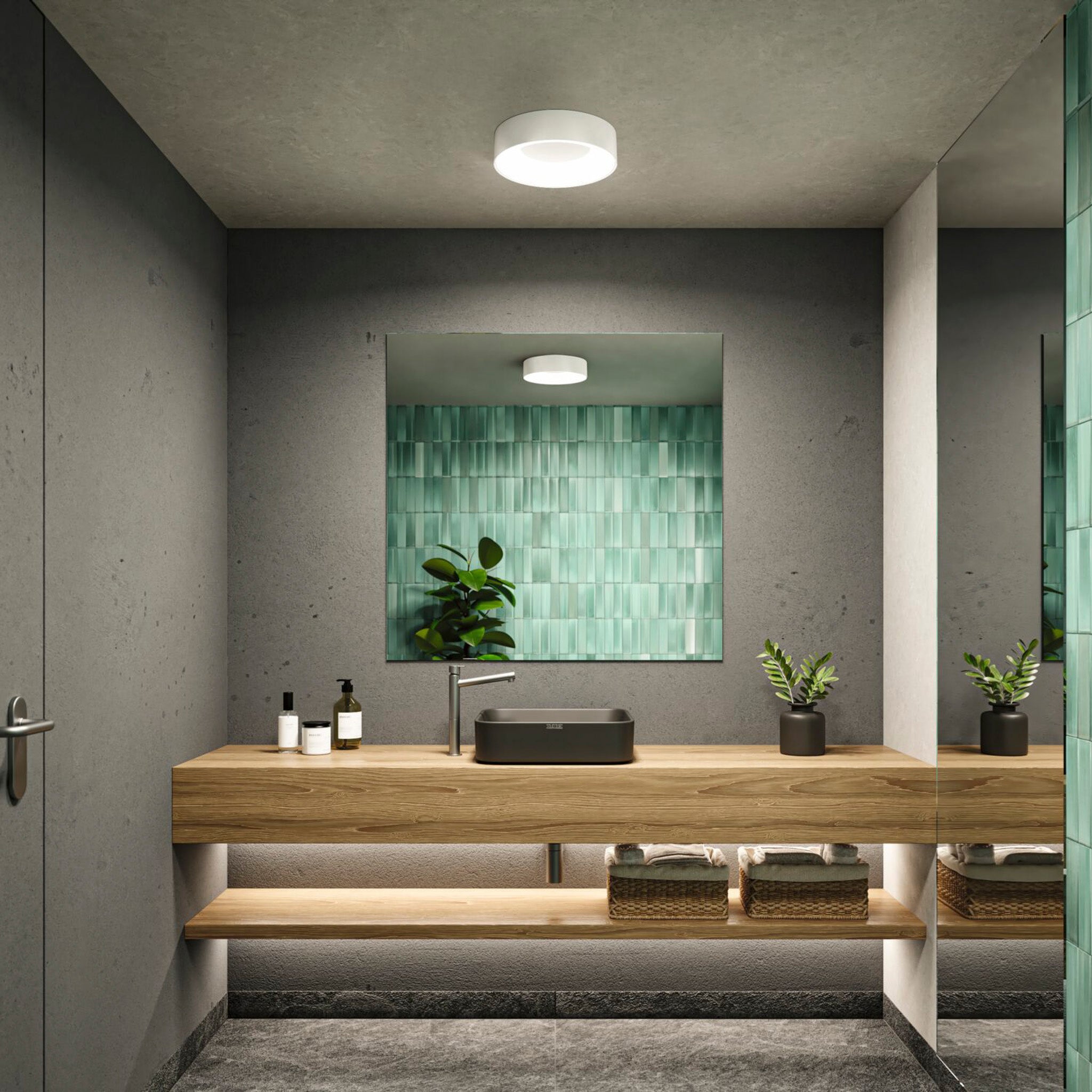 Modern bathroom with a wooden floating vanity, green tiled backsplash, rectangular mirror, potted plants, and the Casca 18W LED Switch 1500lm Ceiling Light in White casting a special lighting effect.