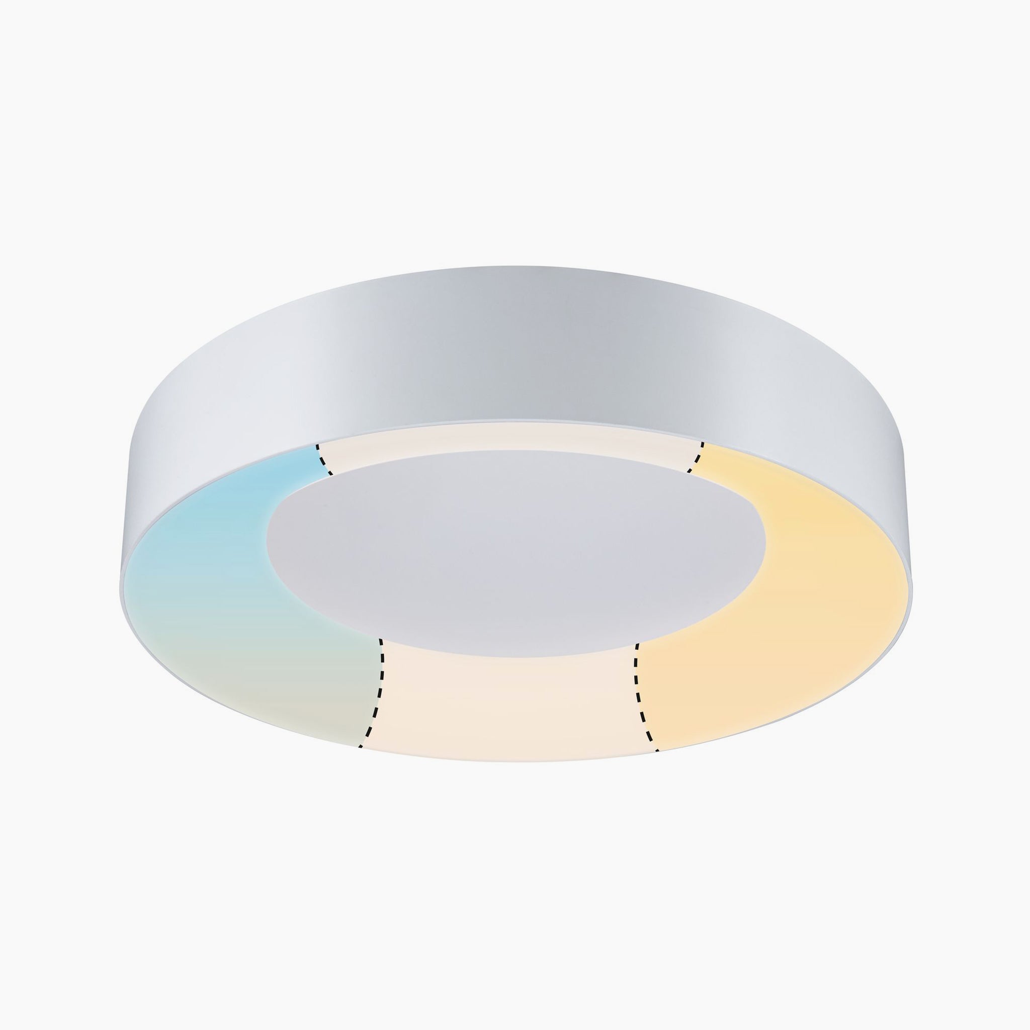 The Casca 25W LED Switch 2100lm Ceiling Light in White features a modern design with a round, white main body and distinct segments that allow for adjustable light colors, including blue and yellow.