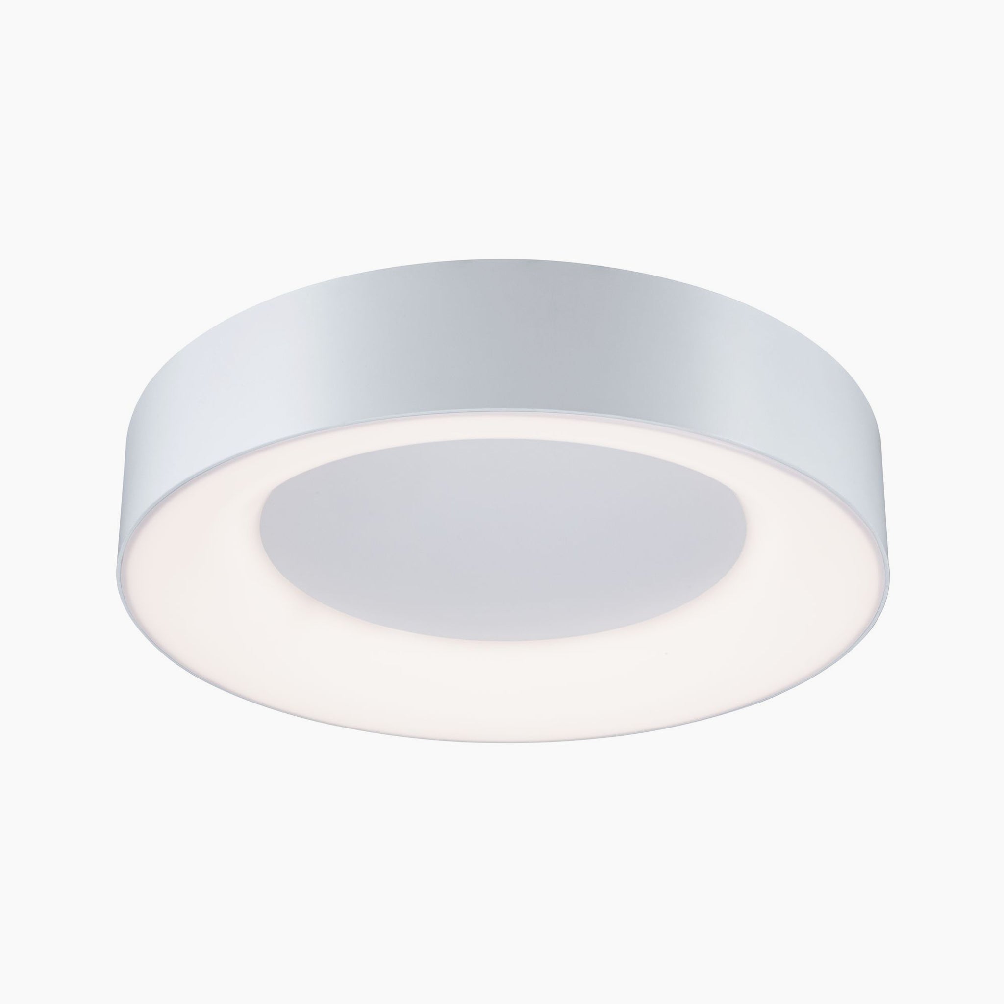 The Casca 25W LED Switch 2100lm Ceiling Light in White features a circular design with a frosted center to ensure even light distribution and offers an adjustable light color for versatile lighting effects.