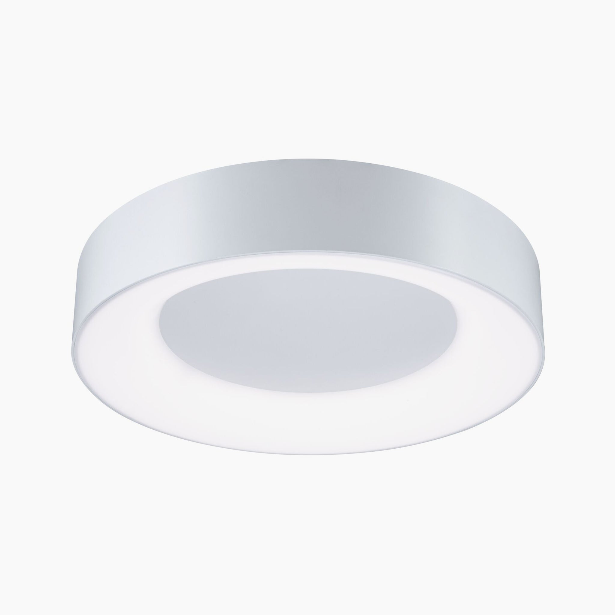 Introducing the Casca 25W LED Switch 2100lm Ceiling Light in White, a circular, modern luminaire with a frosted center that emits a soft, even glow. Its adjustable light colour feature enhances the overall lighting effect.