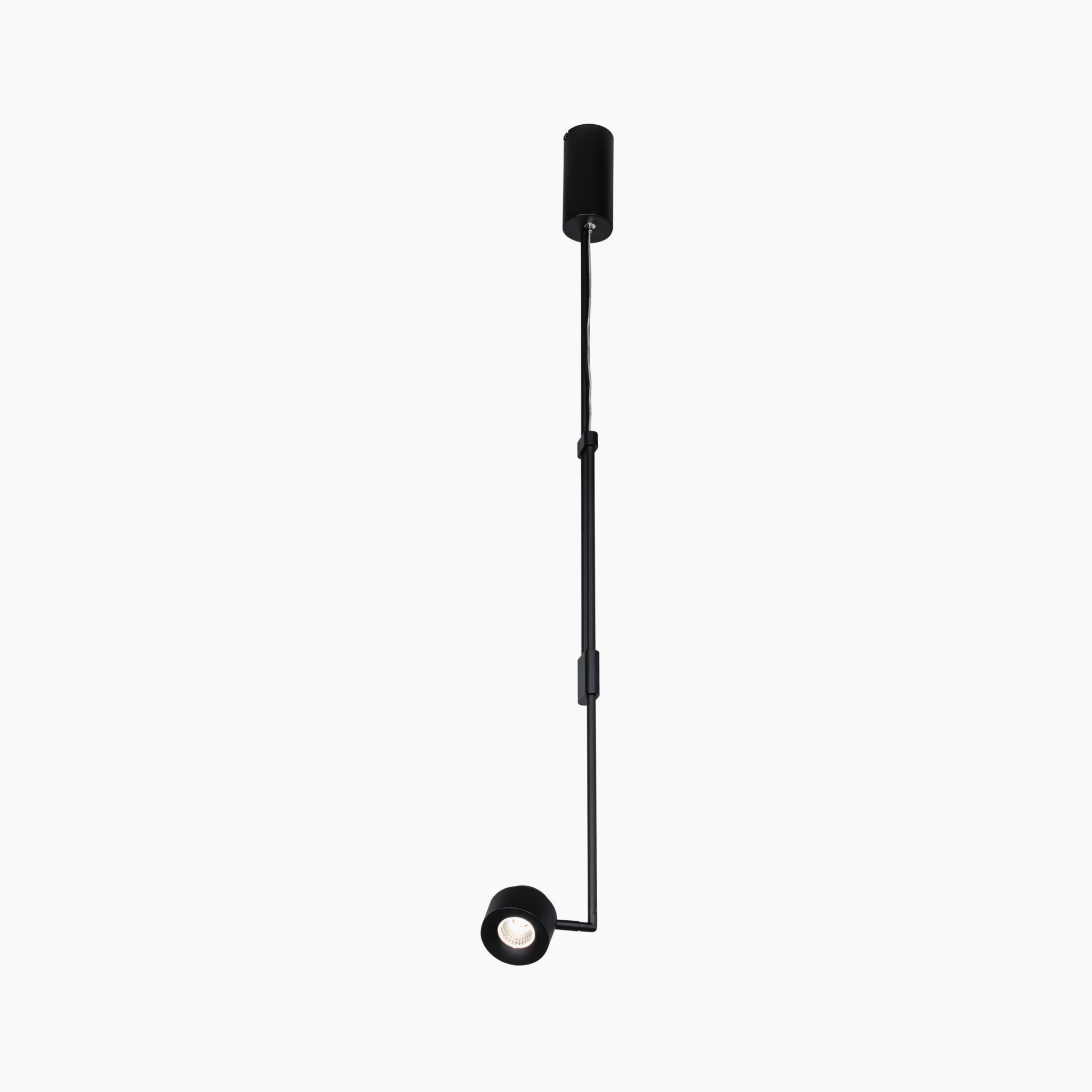 The Paulmann - Puric Pane 6W LED Dimmable Smart Home Zigbee 3.0 Pendant Light in Black features an adjustable arm for flexible lighting design and is set against a white backdrop.