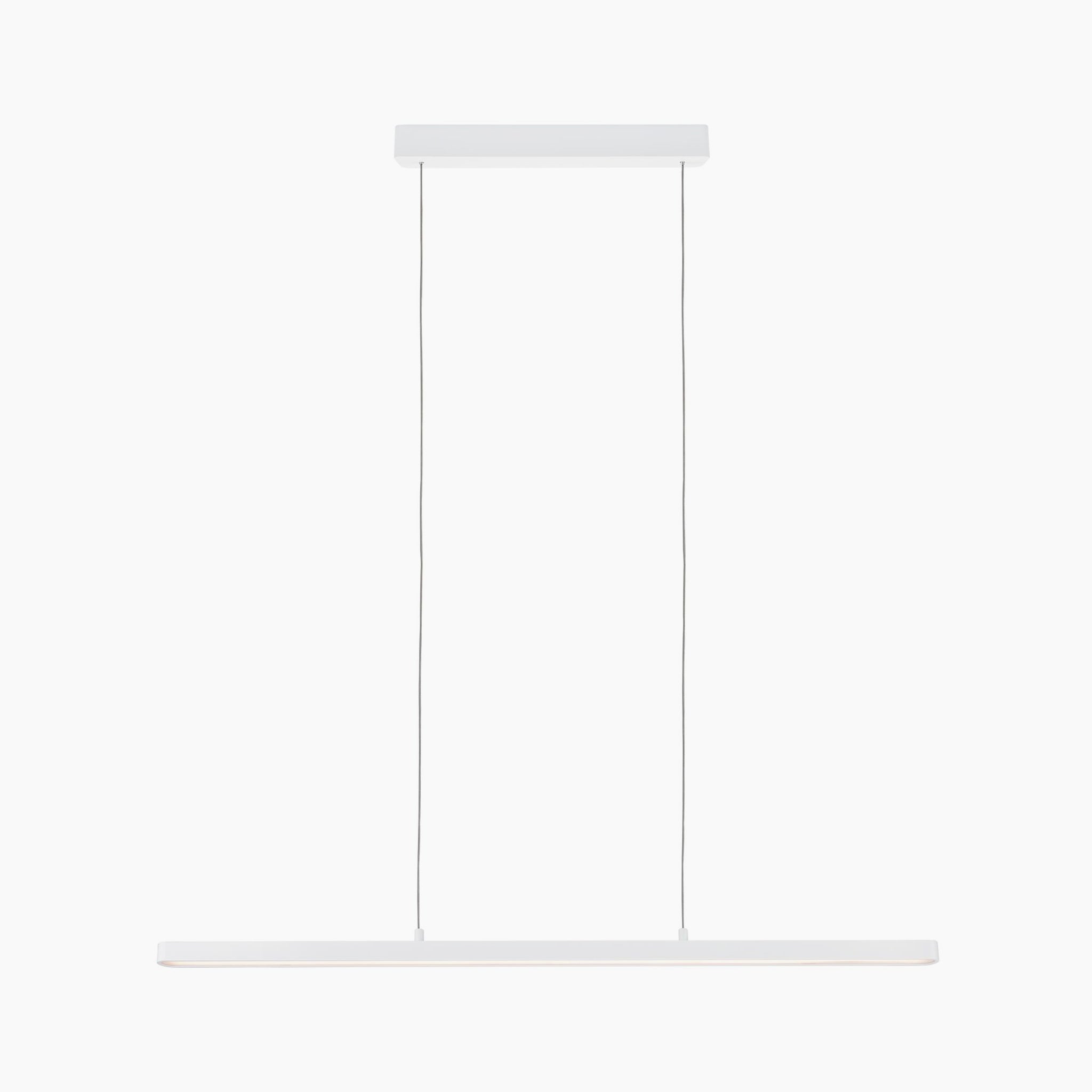 The Paulmann - Lento 37W LED Dimmable Pendant Light in White is a minimalist fixture with height adjustment, suspended from a rectangular ceiling mount by two thin wires.