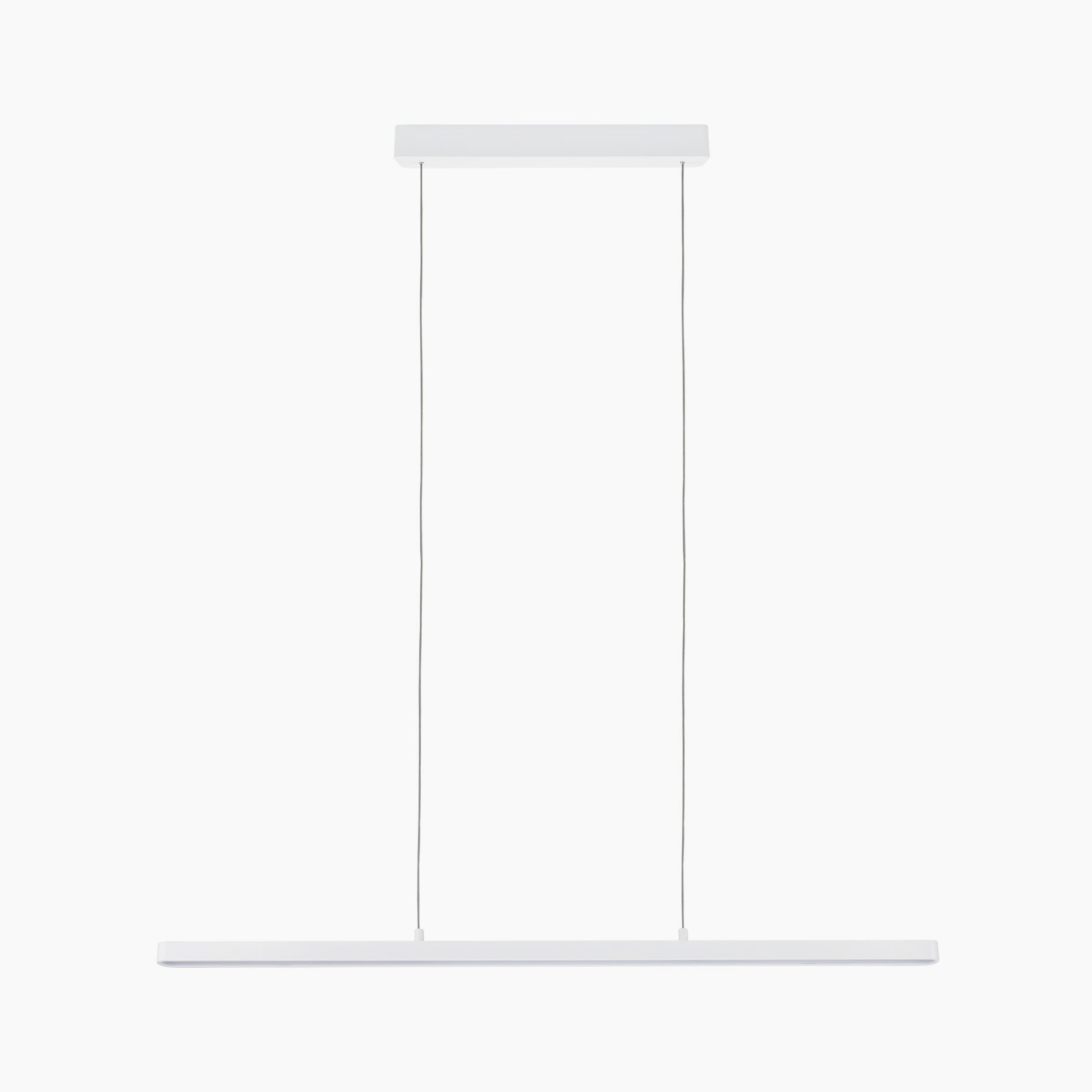 The Paulmann Lento 37W LED Dimmable Pendant Light in White is a minimalist luminaire featuring a rectangular design, thin hanging wires, and height-adjustable settings for the perfect ambiance.