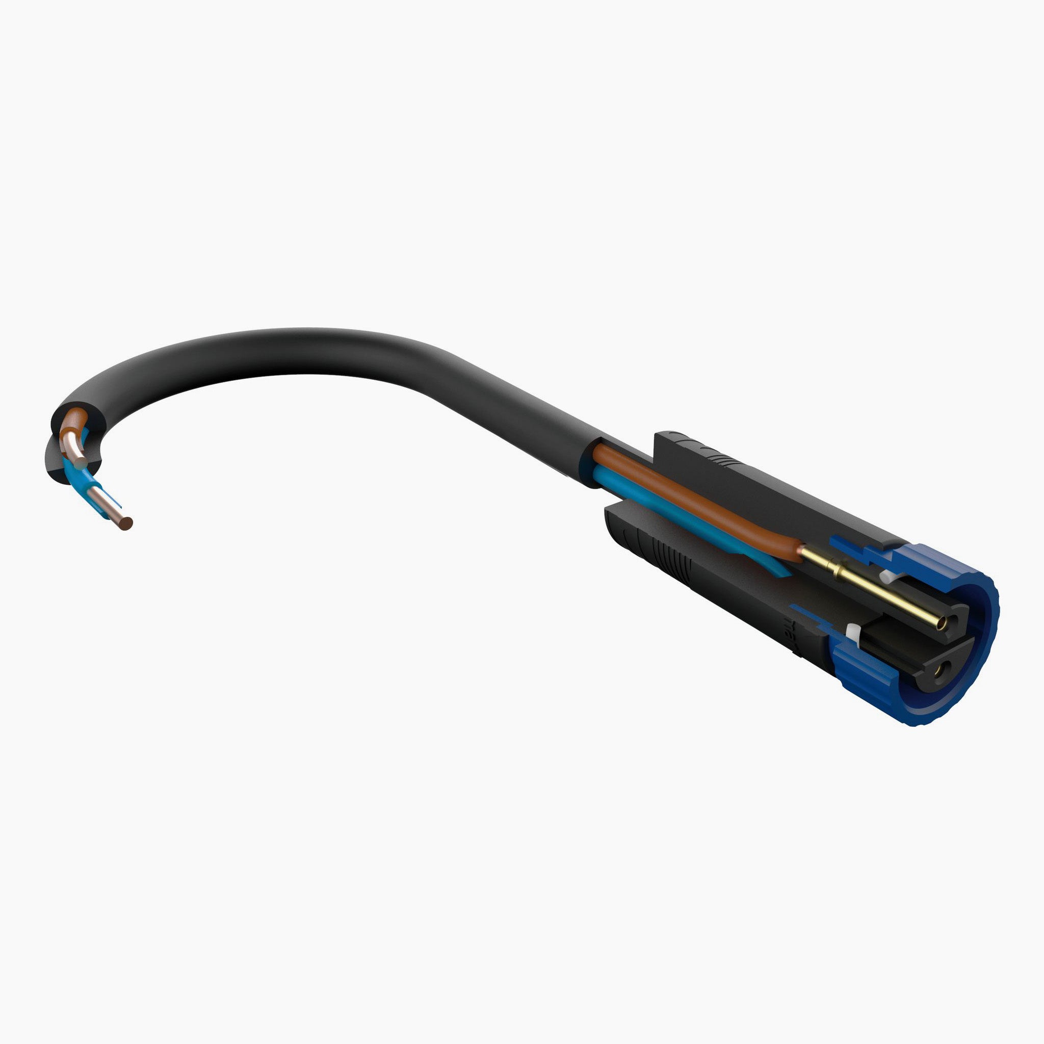 A 3D rendering of an anthracite, weather-resistant electrical cable with exposed wires and a blue connector from the Paulmann - Plug & Shine Outdoor String 18W LED Warm White Expansion Set.