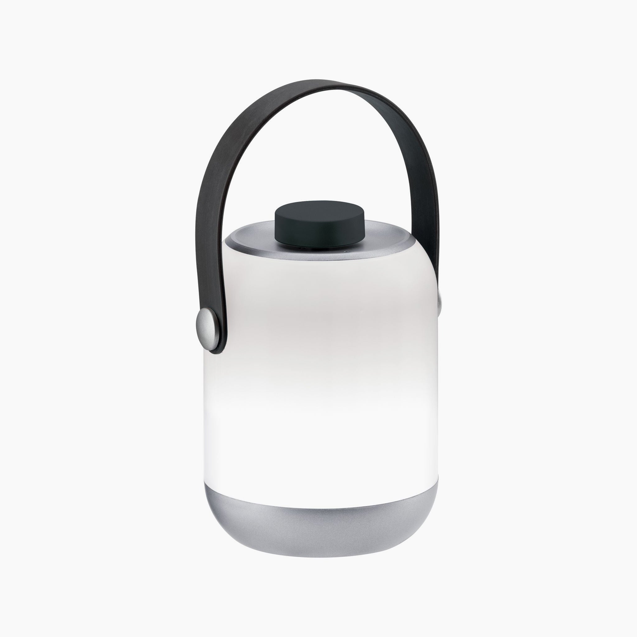 Introducing the Outdoor Clutch 6W LED Mobile Table Lamp in Grey: a modern cylindrical lantern with a frosted white body, black handle, and silver base. This stylish and portable luminaire is perfect for any setting.