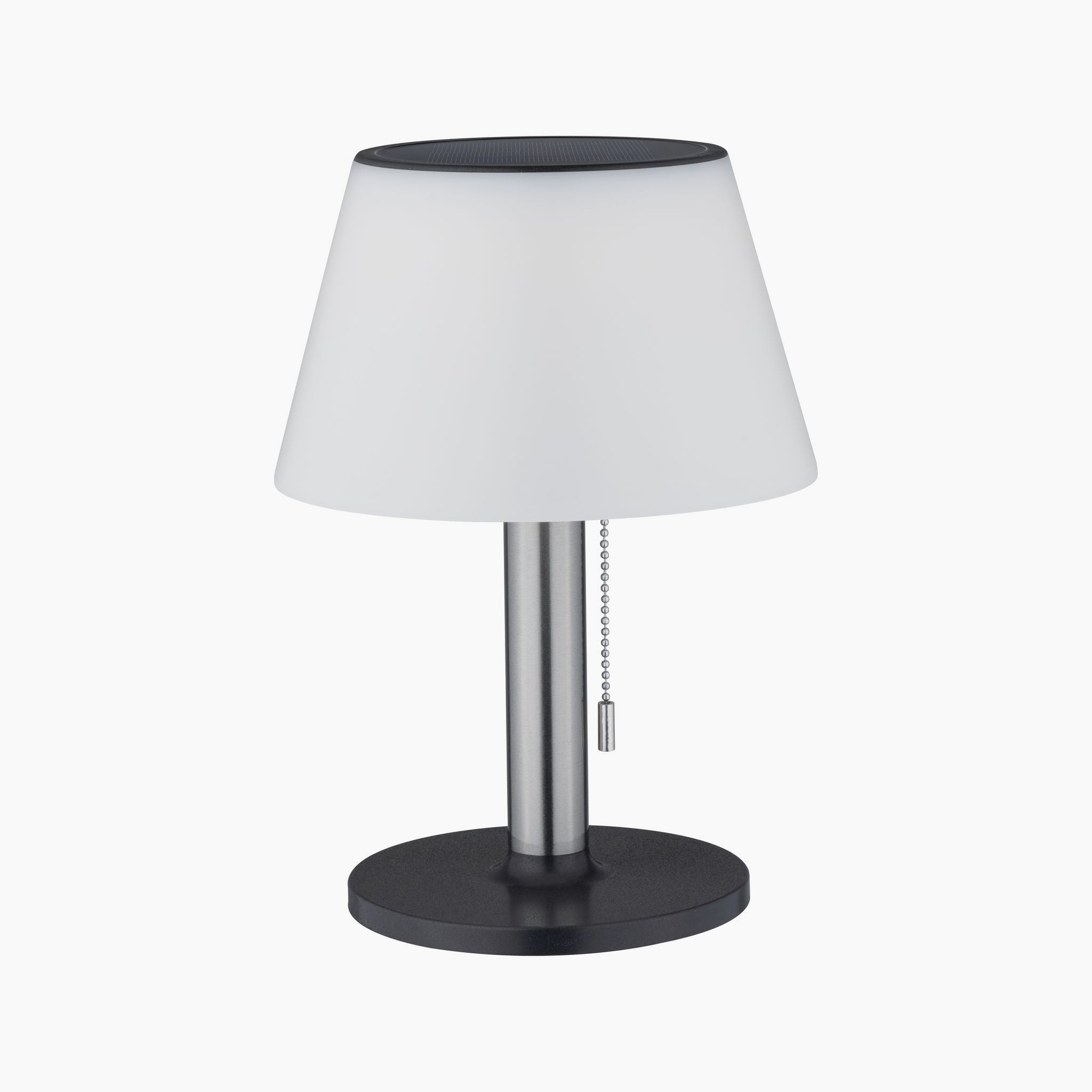 The Outdoor Lillesol 0.8W LED Solar Table Lamp with 3-Step Dim in Stainless Steel offers a contemporary design featuring a white lampshade, metallic base, and a pull chain switch on the side, capturing the refined essence of garden lighting.