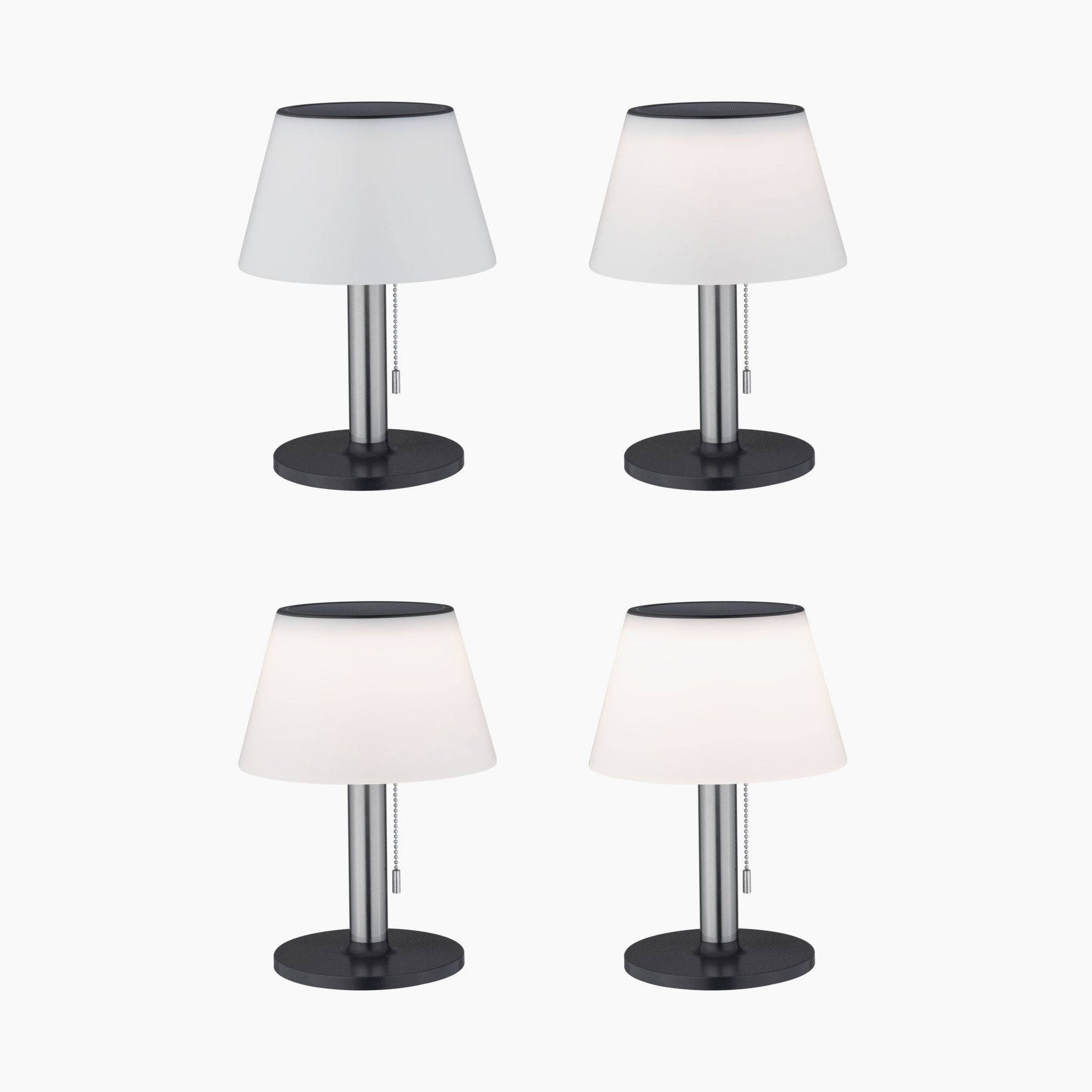 Four identical Outdoor Lillesol 0.8W LED Solar Table Lamps with 3-Step Dim in Stainless Steel, featuring white shades, black bases, and pull chains, are arranged in a 2x2 grid.