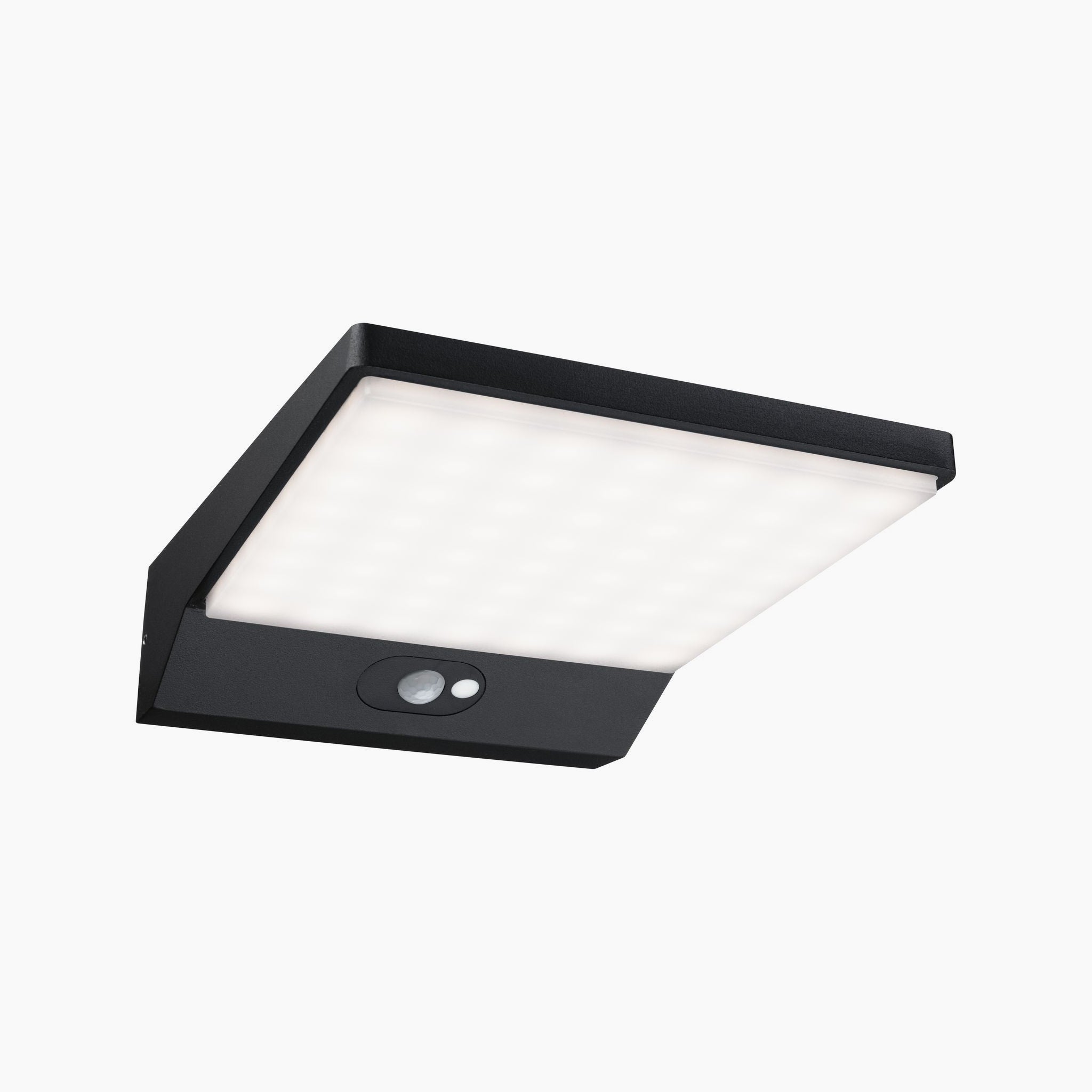 The Paulmann Outdoor Ronas 5W LED Solar Wall Light, featuring motion detection, boasts a sleek dark grey frame set against a white background.