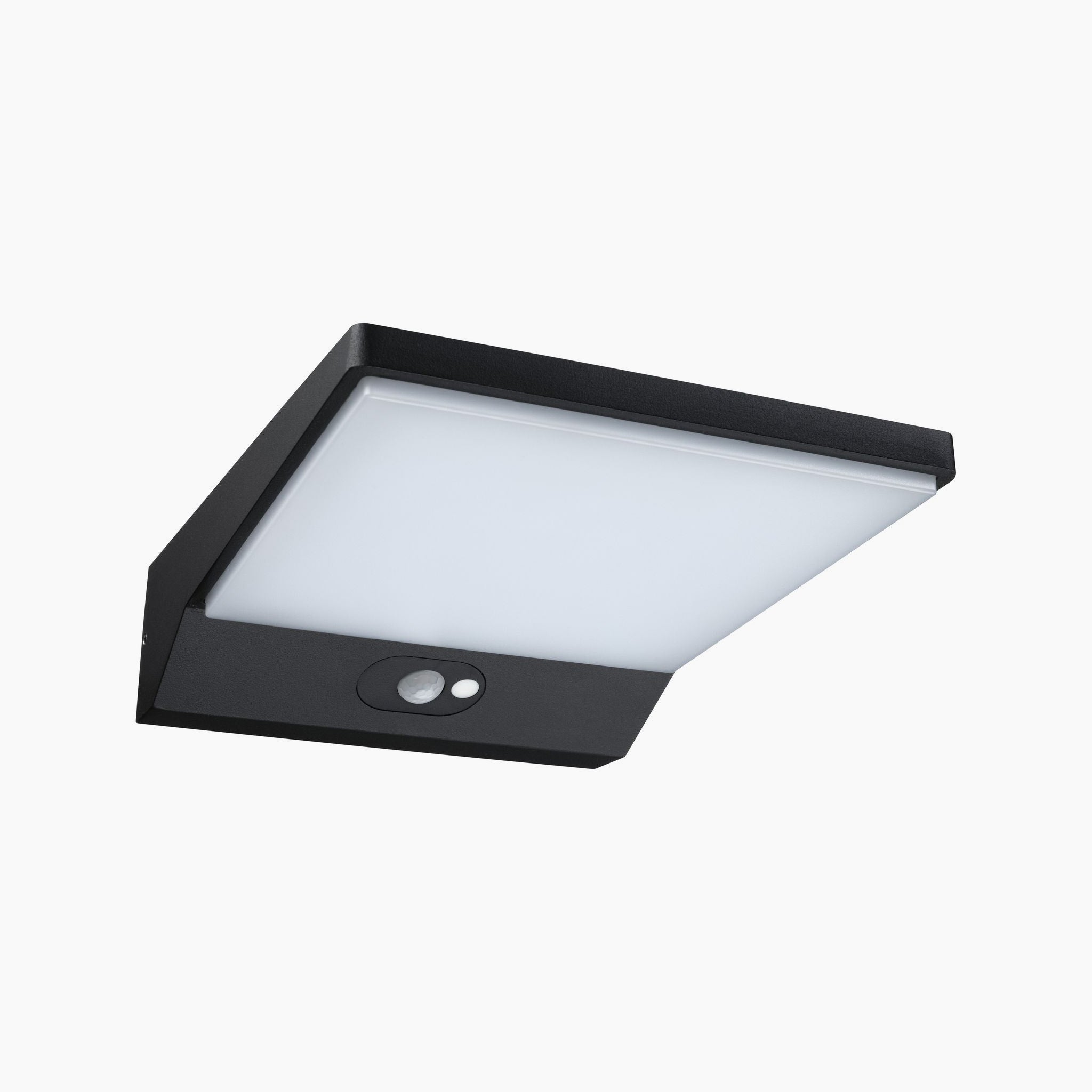 The Paulmann Outdoor Ronas 5W LED Solar Wall Light in dark grey, featuring motion detection technology, is elegantly mounted against a white background, offering a sleek square design with a frosted diffuser for optimal efficiency.