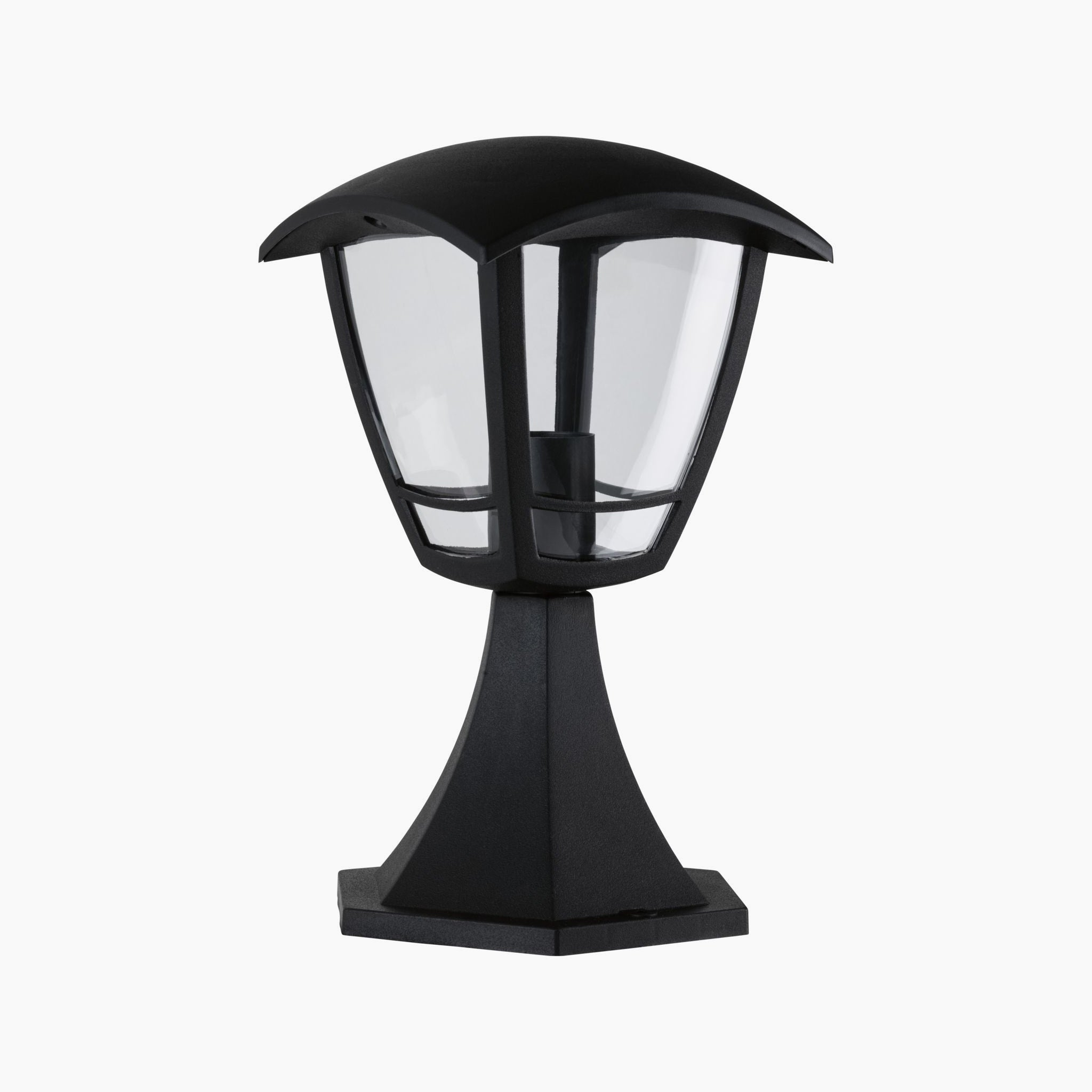 The Paulmann Outdoor Classic Curved 12W LED Bollard Light in Black combines classic design with functionality, featuring clear glass panels on a square base, shown against a white background. It's perfect for elevating your outdoor lighting layout.