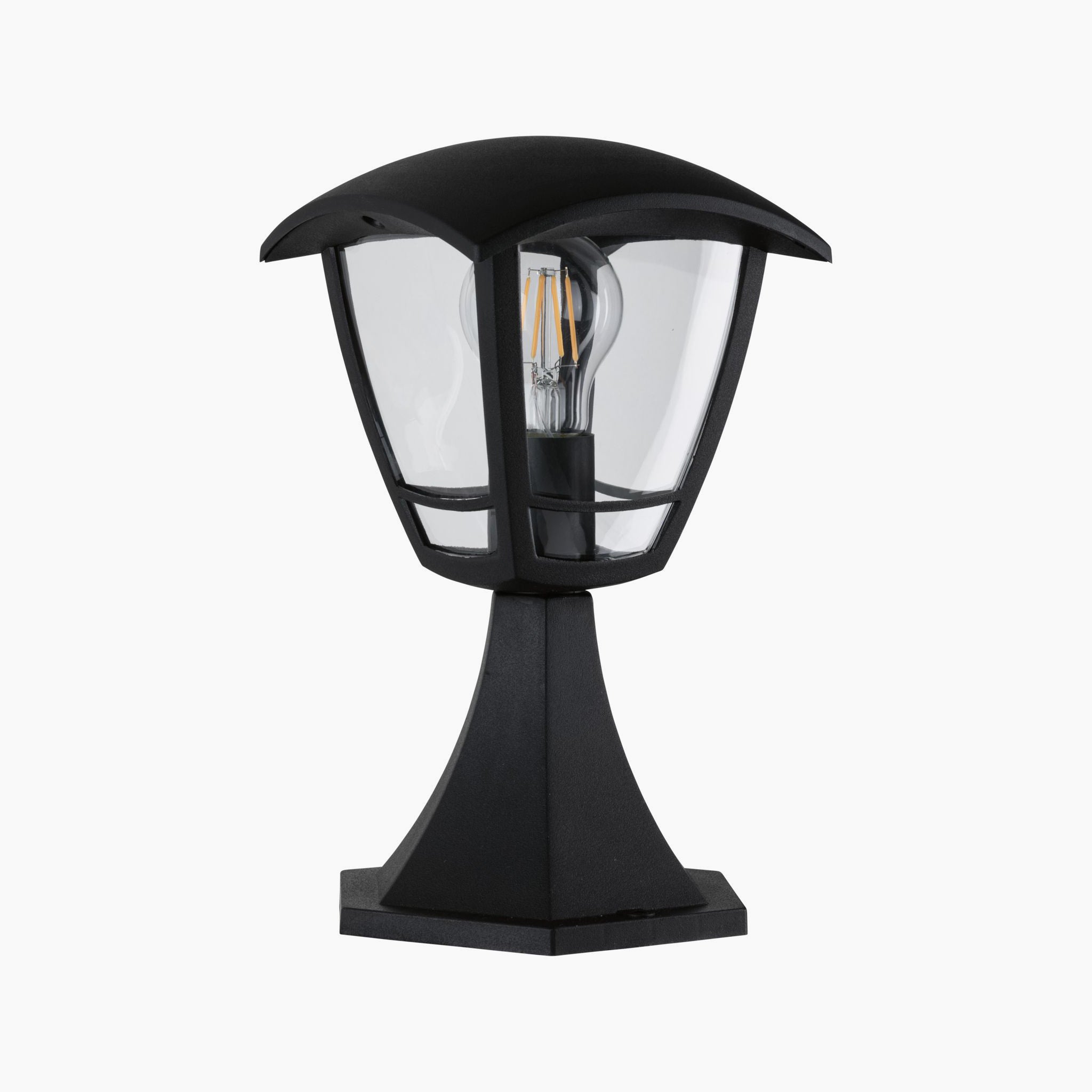 Enhance your outdoor lighting ambiance with the Paulmann Outdoor Classic Curved 12W LED Bollard Light in Black, featuring a timeless design with a clear glass enclosure and visible light bulb on a square base.