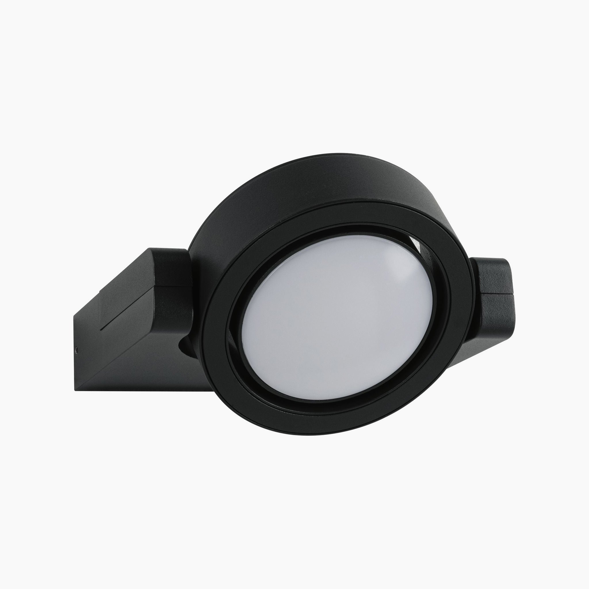 The Paulmann Outdoor Swivea 8W LED Wall Light in Anthracite features a black round swivel design with a white lens, angled downward, making it an ideal exterior wall luminaire for cardanic swiveling.