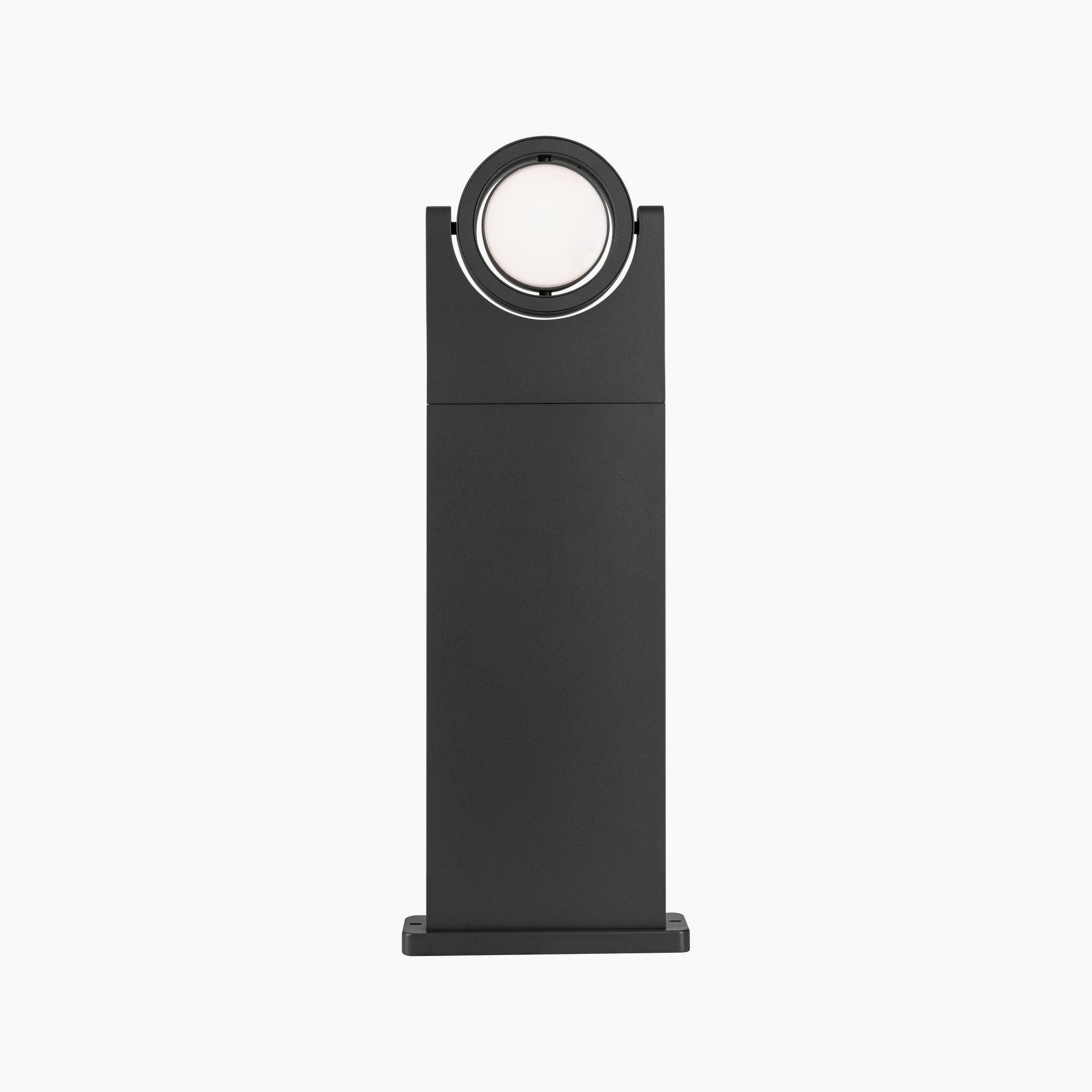 An anthracite bollard light with a swiveling LED design and a circular illumination at the top.