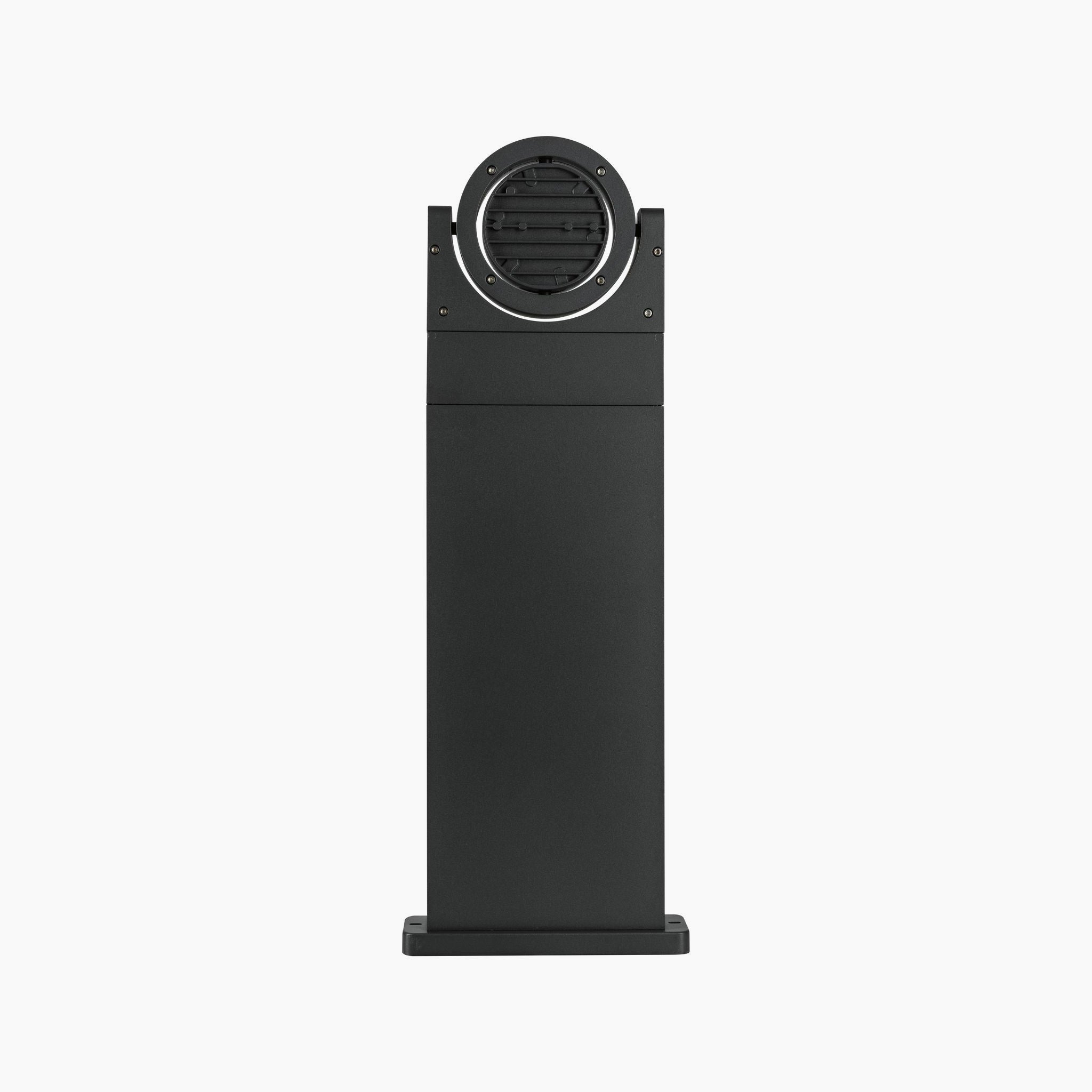 An anthracite-colored, tall rectangular Paulmann Swivea 8W LED Bollard Light with a circular grille on top stands elegantly against a white background.