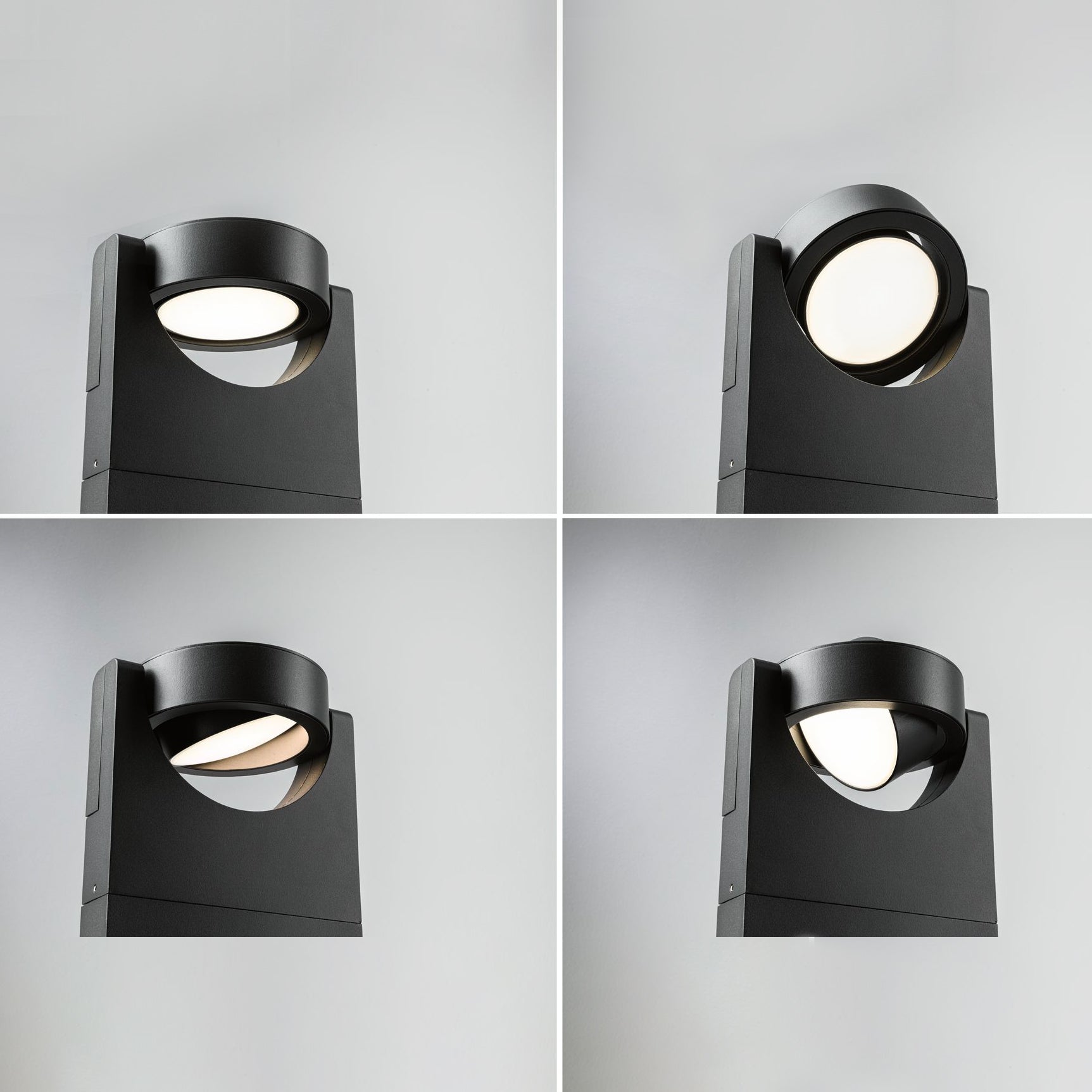 Four views of the contemporary Paulmann Outdoor Swivea 8W LED Bollard Light in anthracite, featuring an adjustable light head, set against a gray background.