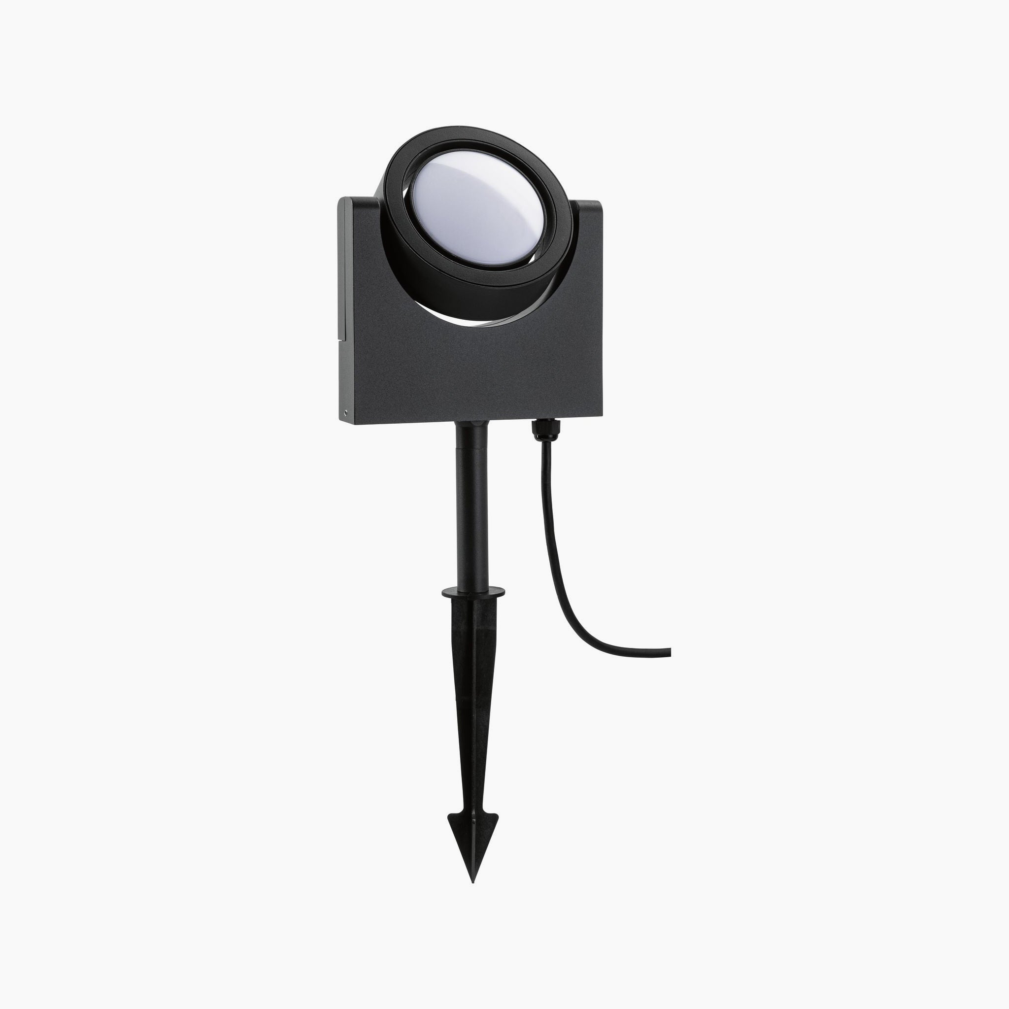 The Paulmann Outdoor Swivea 8W LED Garden Spotlight in Anthracite boasts a modern design with a stake and attached cable, providing warm white light to elevate your outdoor ambiance.