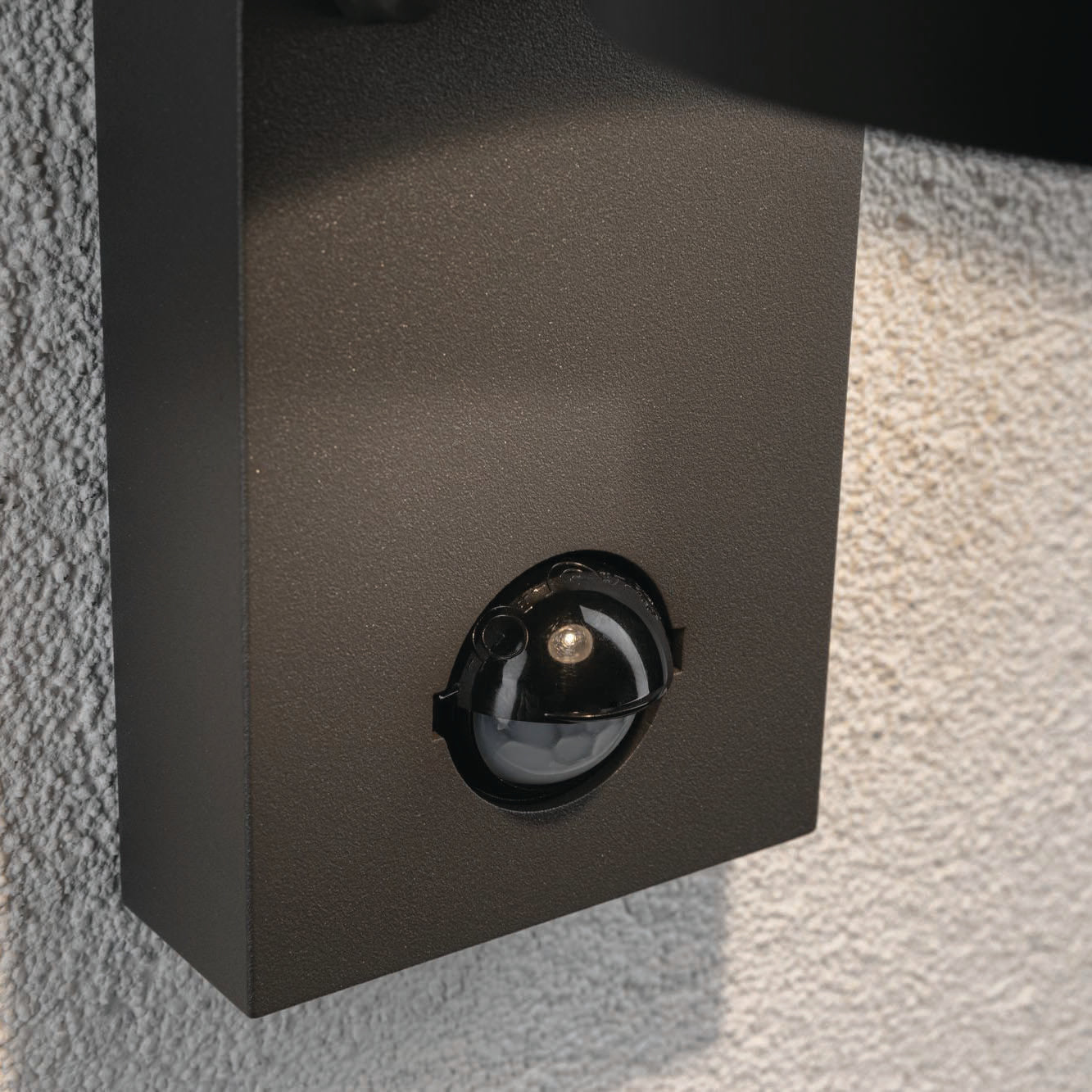 Close-up of the Paulmann Outdoor Capea 8W LED Wall Light with motion detection in anthracite, featuring an IP44 rating, mounted on a textured white wall.