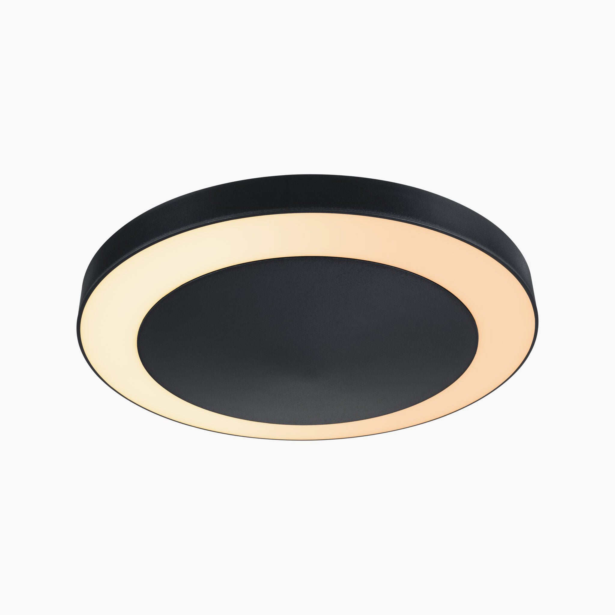 A contemporary anthracite ceiling light with a circular design, offering a warm white glow and equipped with smart home features, including Zigbee 3.0 and motion detection capabilities.