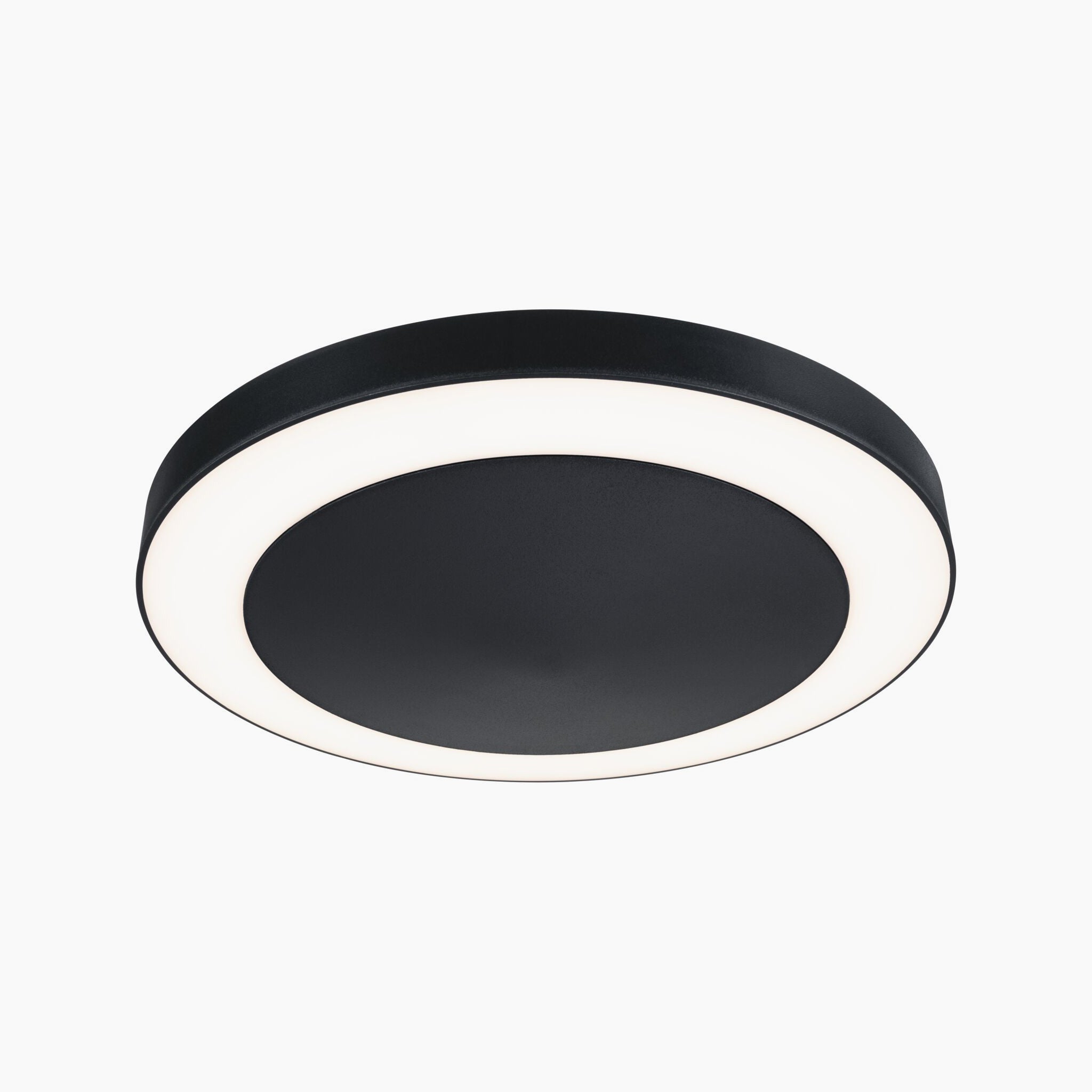 The Paulmann Outdoor Circula Dusk 15W LED Smart Home ceiling light in anthracite features a white illuminated ring and is enhanced with Zigbee 3.0 for seamless smart luminaire integration, all against a white background.