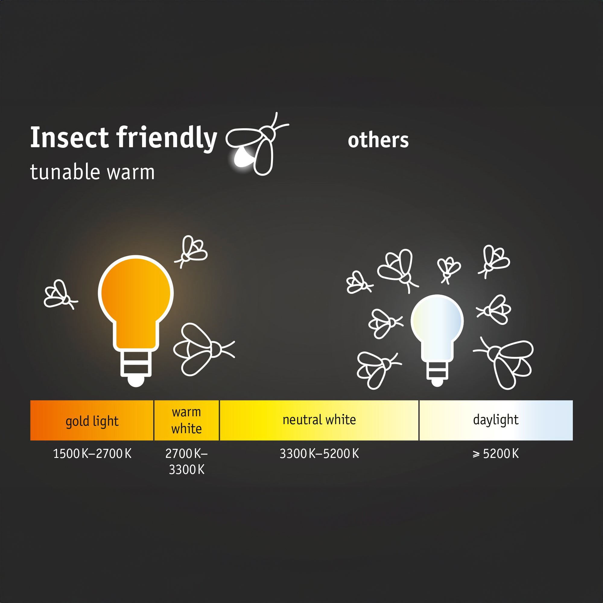 Diagram illustrating insect-friendly warm light options with the Paulmann Outdoor Circula Dusk 15W LED Smart Home Zigbee 3.0 Warm Ceiling Light in Anthracite, featuring Motion Detection and Tunable Warm function, compared to standard white light.