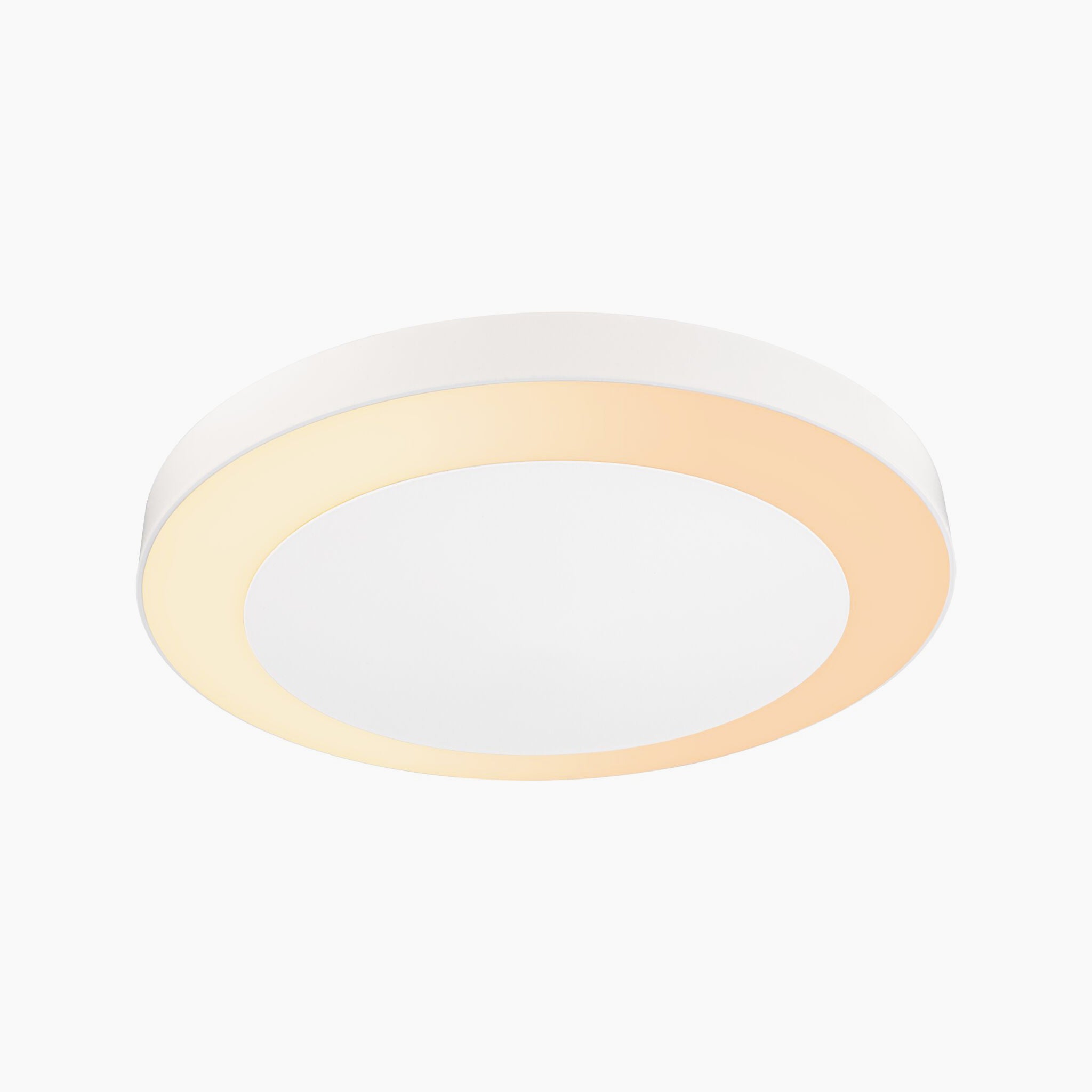 Paulmann - Outdoor Circula Dusk 15W LED Smart Home Ceiling Light in White features a modern, round design with glowing edges, equipped with motion detection and Zigbee 3.0 connectivity for smart luminaire capabilities against a plain white background.