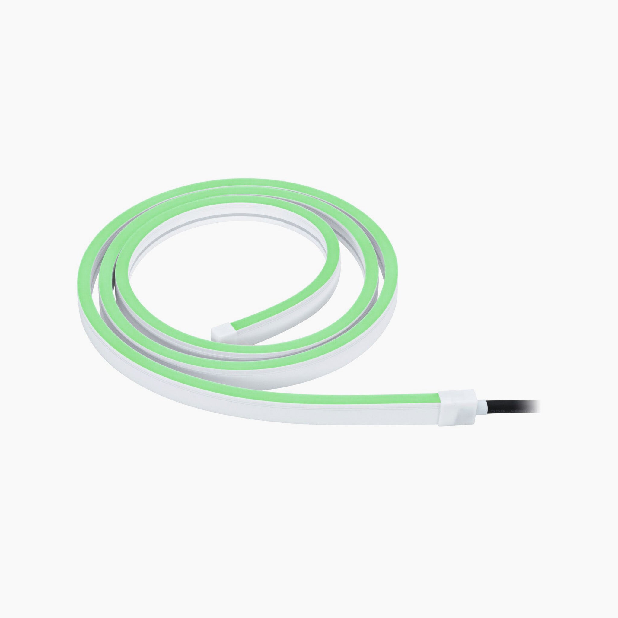 A coiled Paulmann Plug & Shine Outdoor 11W LED 2m Smooth Strip, featuring a sleek green and white design with a black power cord, sits gracefully on a white background. It highlights its weather-resistant build and advanced Smart Home Zigbee 3.0 technology for RGB tunable white capabilities.