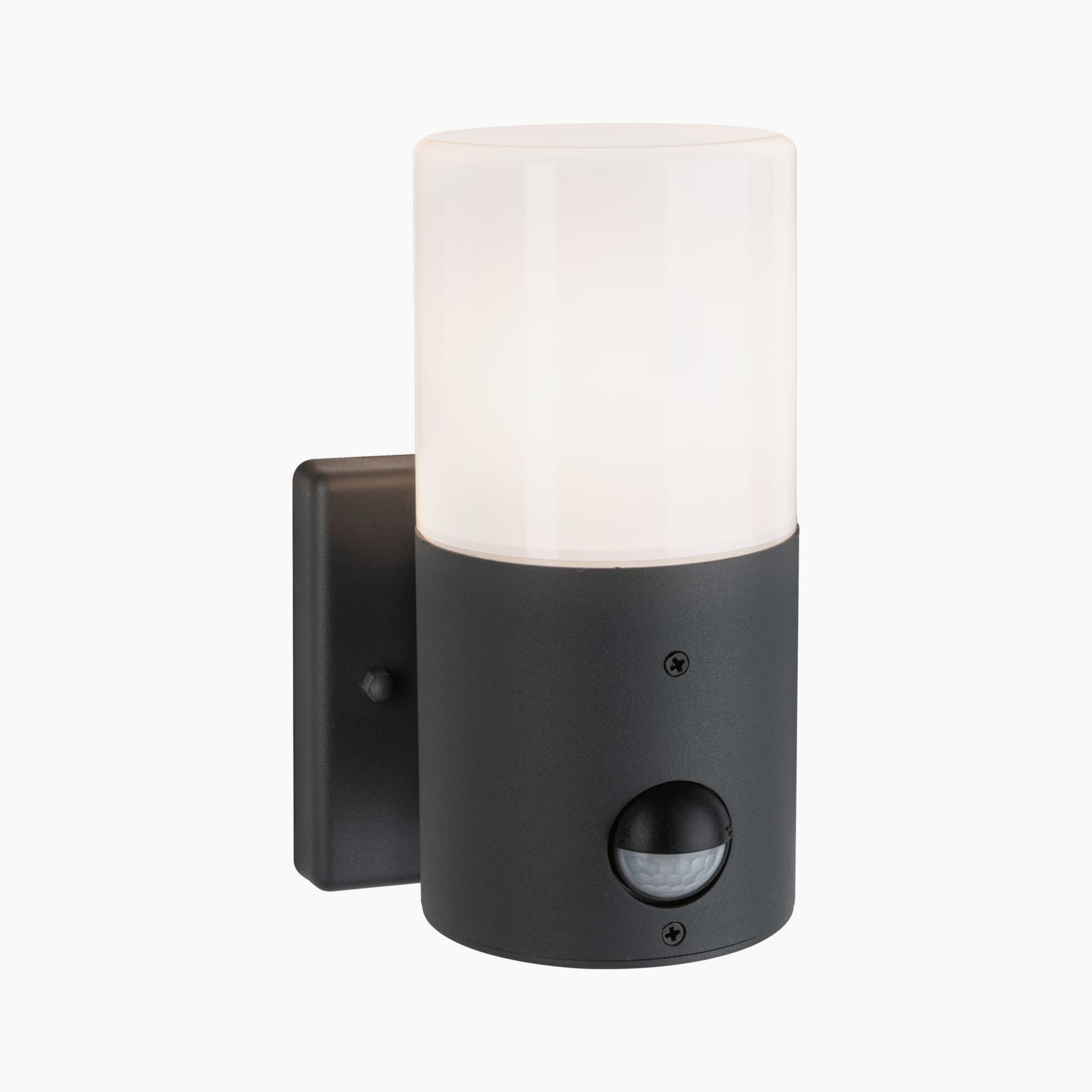 Contemporary outdoor wall-mounted light featuring a cylindrical grey matt shade and base, equipped with motion detection for added security. Product: Paulmann - Outdoor Tubs 15W LED Wall Light.