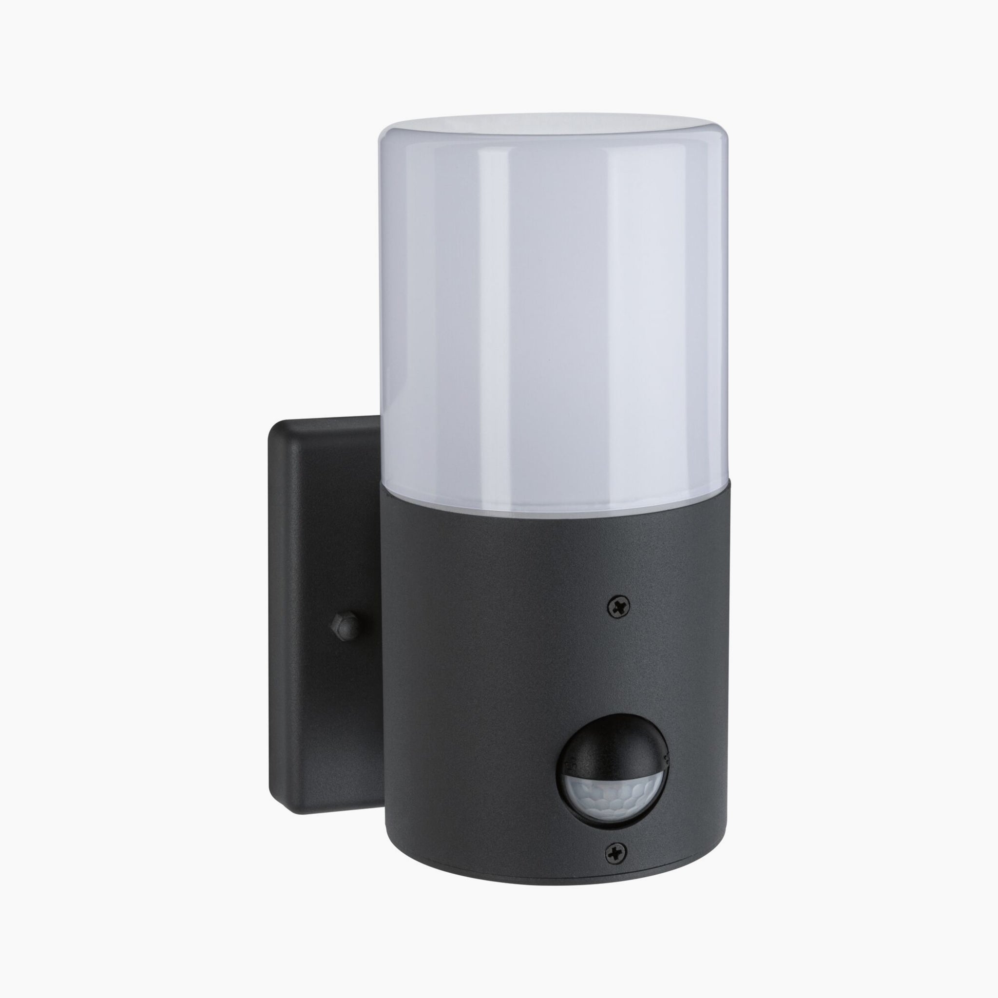 Introducing the Paulmann Outdoor Tubs 15W LED Wall Light in Grey Matt, a sophisticated modern wall luminaire featuring a cylindrical white cover and built-in motion detection, ideal for enhancing your home's outdoor lighting.