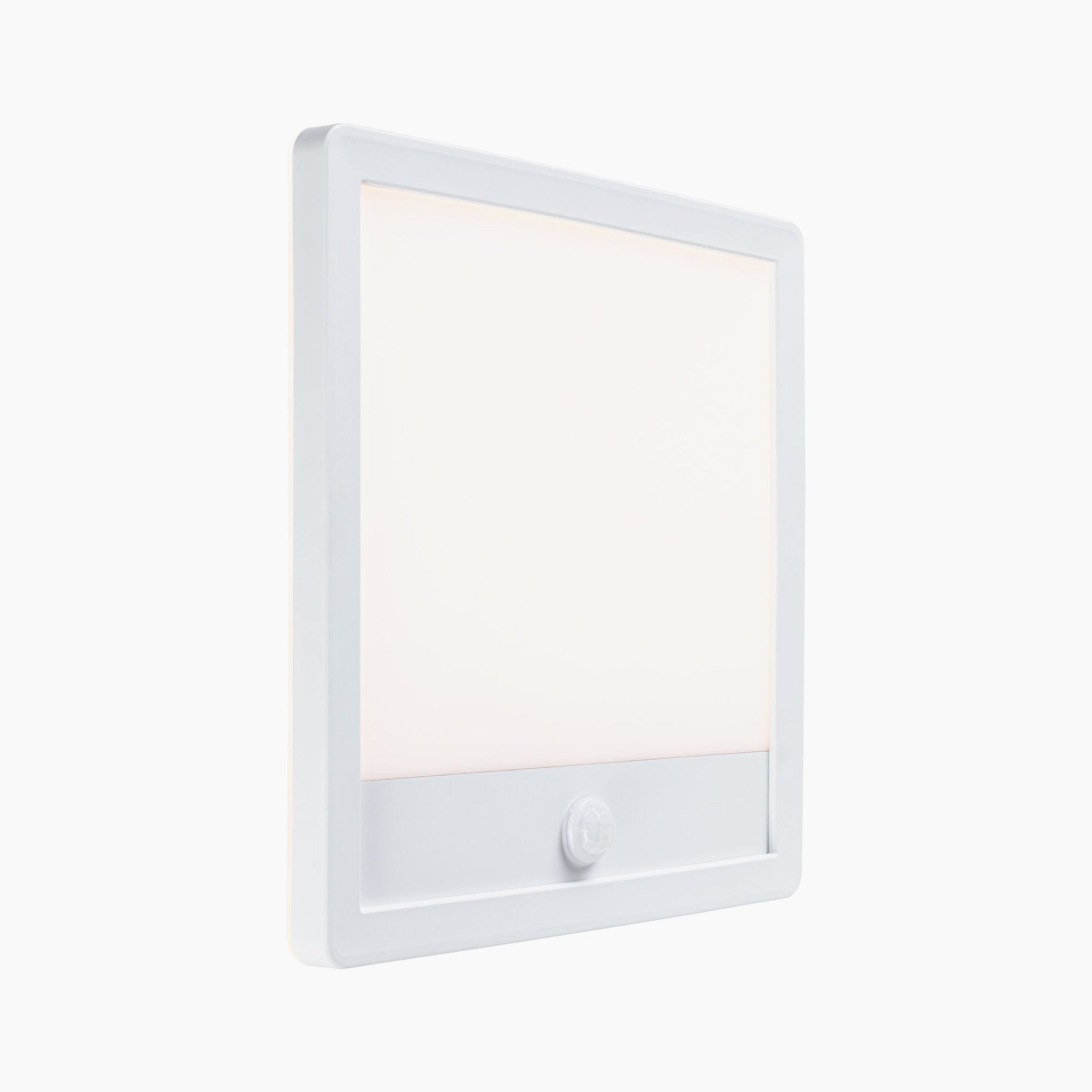 Paulmann's Outdoor Lamina 15.5W LED backlit square wall light, featuring motion detection in white, emits a gentle warm white light and is perfect for outdoor use on a plain background.