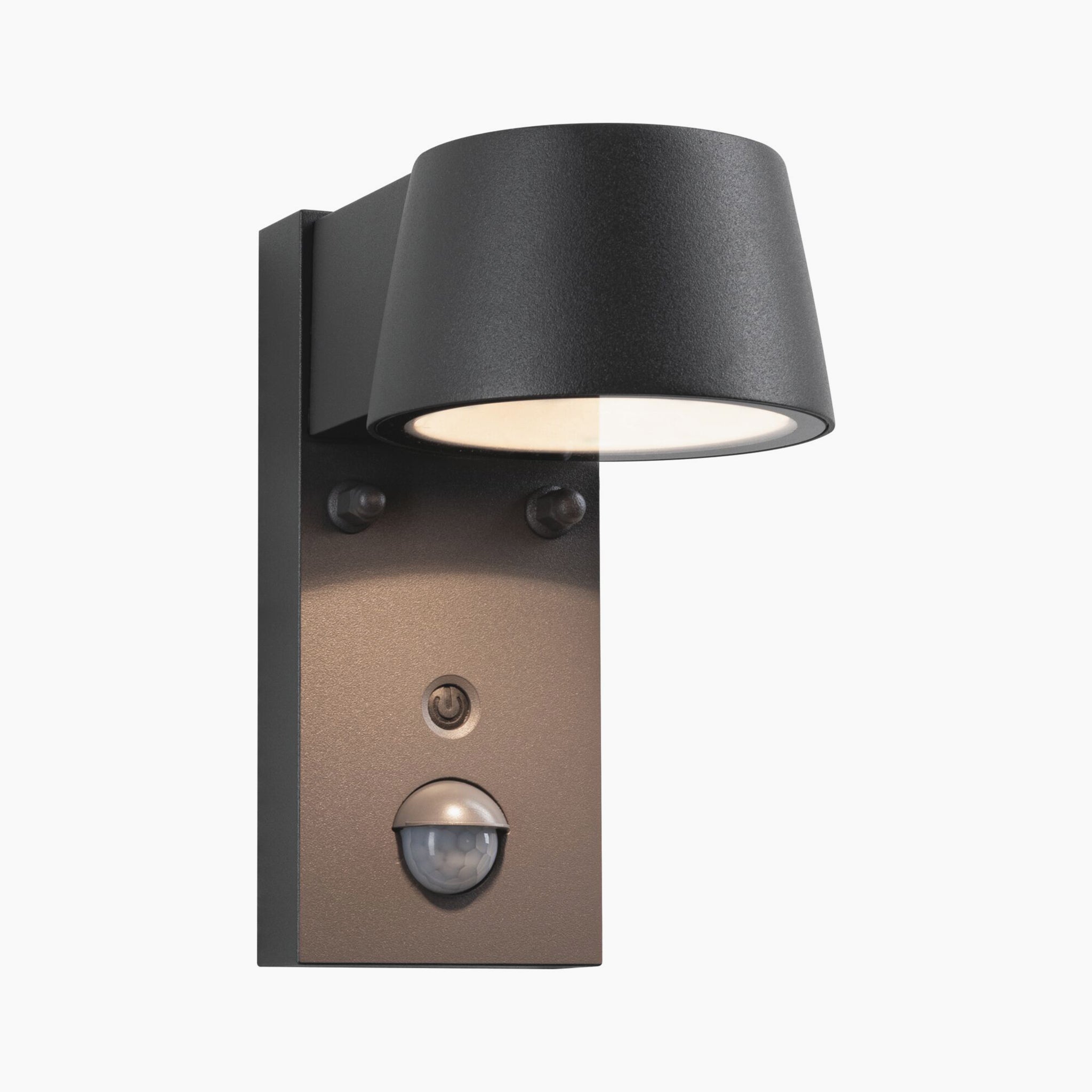 Modern anthracite wall-mounted Outdoor Capea 8W LED wall light with motion detection and insect-friendly lumination.