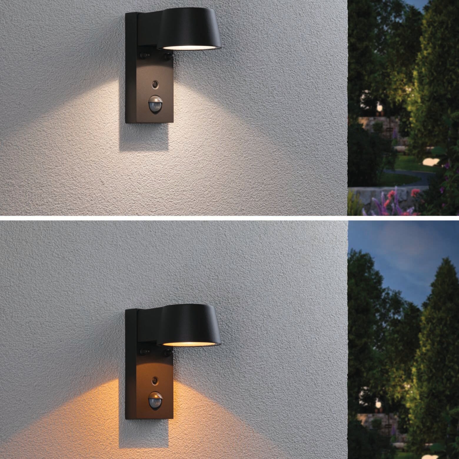 Two images of the Outdoor Capea 8W LED Wall Light with Motion Detection and Insect Friendly Lumination in Anthracite on a textured white wall, lit with white (top) and warm light (bottom). This modern fixture provides excellent illumination while minimizing bug attraction.