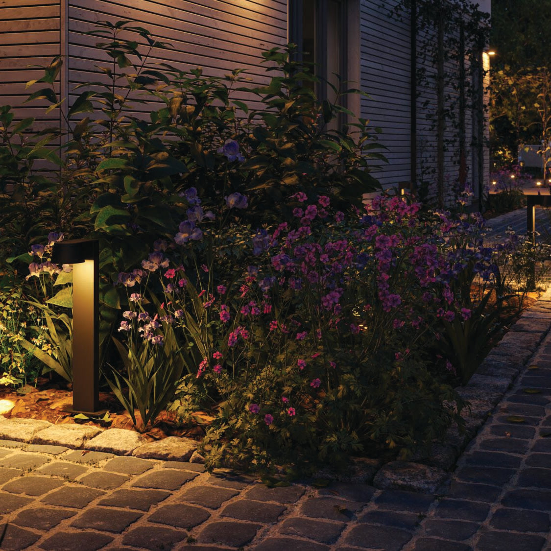 Experience the beauty of a night garden with path lighting featuring blooming flowers and plants lining a stone-paved walkway, all bathed in soft, warm outdoor illumination. The Outdoor Capea 8W LED Bollard Light with Insect Friendly Lumination in Anthracite adds a welcoming glow that is both practical and environmentally friendly.