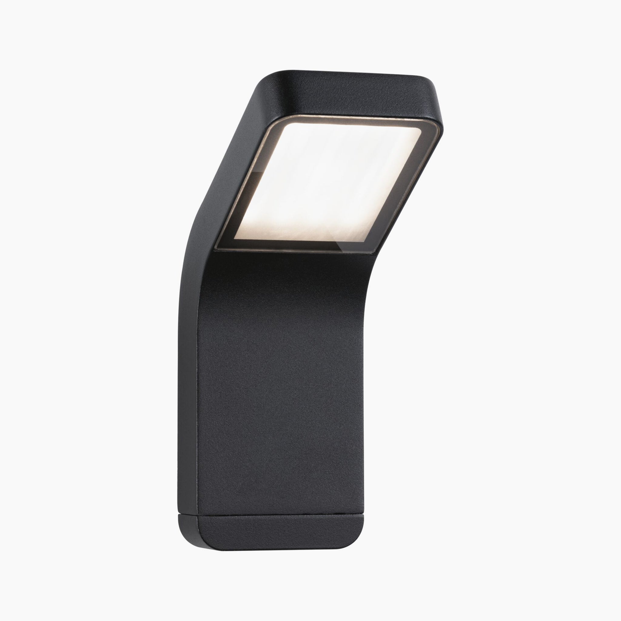 The Outdoor Kulma 9W LED Wall Light in Anthracite features a modern, angled design with a sleek, frosted rectangular diffuser, making it perfect for coastal exterior lighting.