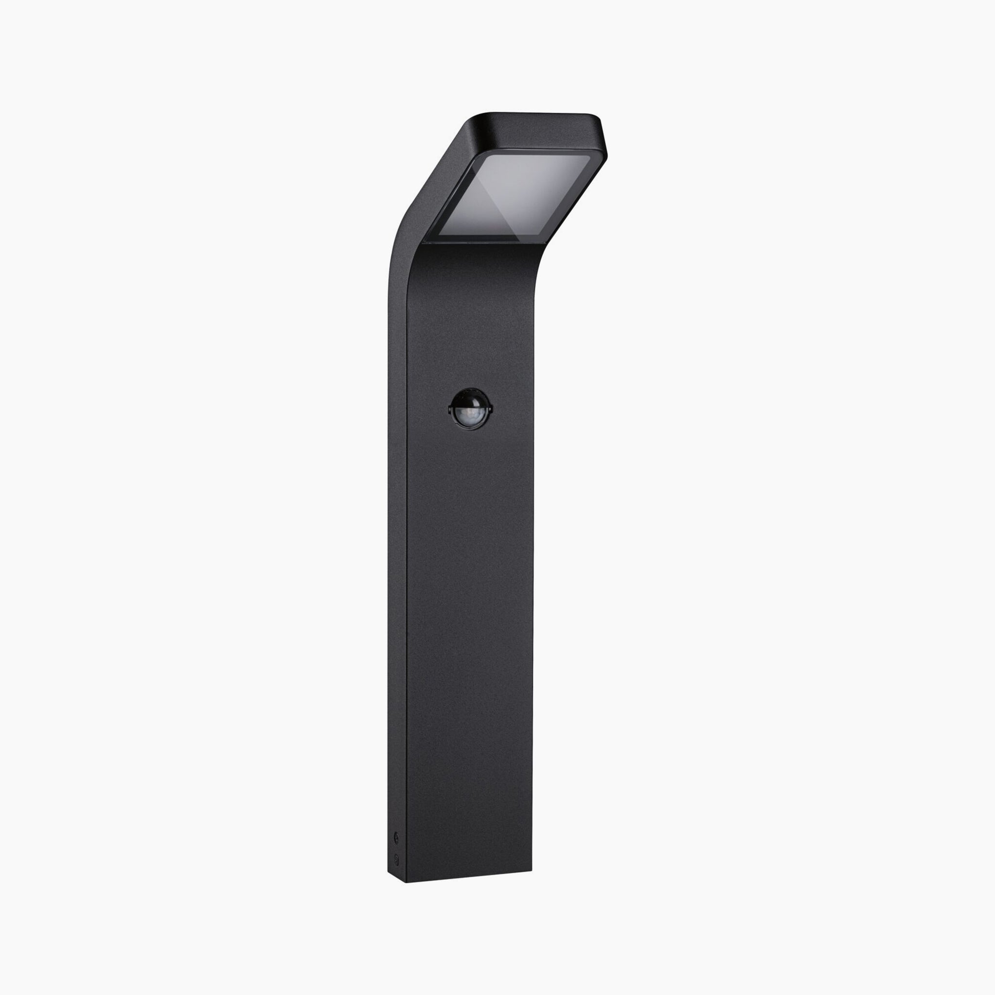 The Outdoor Kulma 9W LED Bollard Light with Motion Detection in Anthracite is a modern black outdoor pathway light, featuring a rectangular lamp head and corrosion-resistant construction.