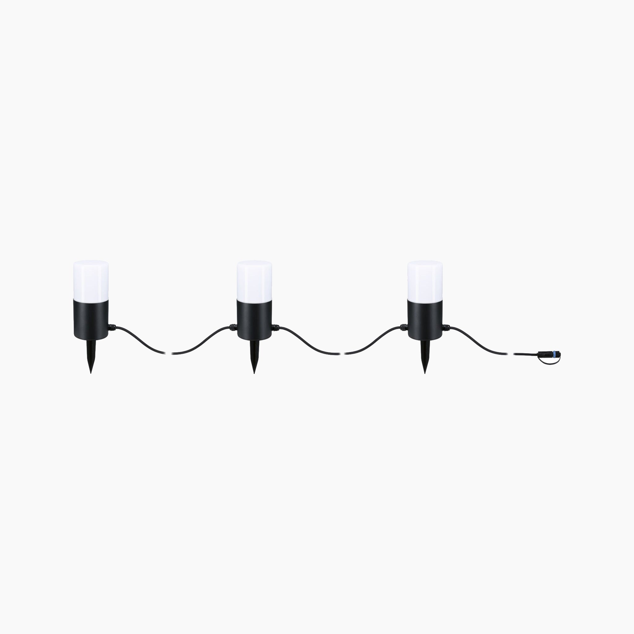 Three Paulmann Plug & Shine Outdoor 2W LED Fairy Lights in anthracite are connected by a cable on a white background, perfect for adding charm to your garden with their warm white light. Ideal as part of your outdoor decorations, these chic illuminations enhance any setting effortlessly.