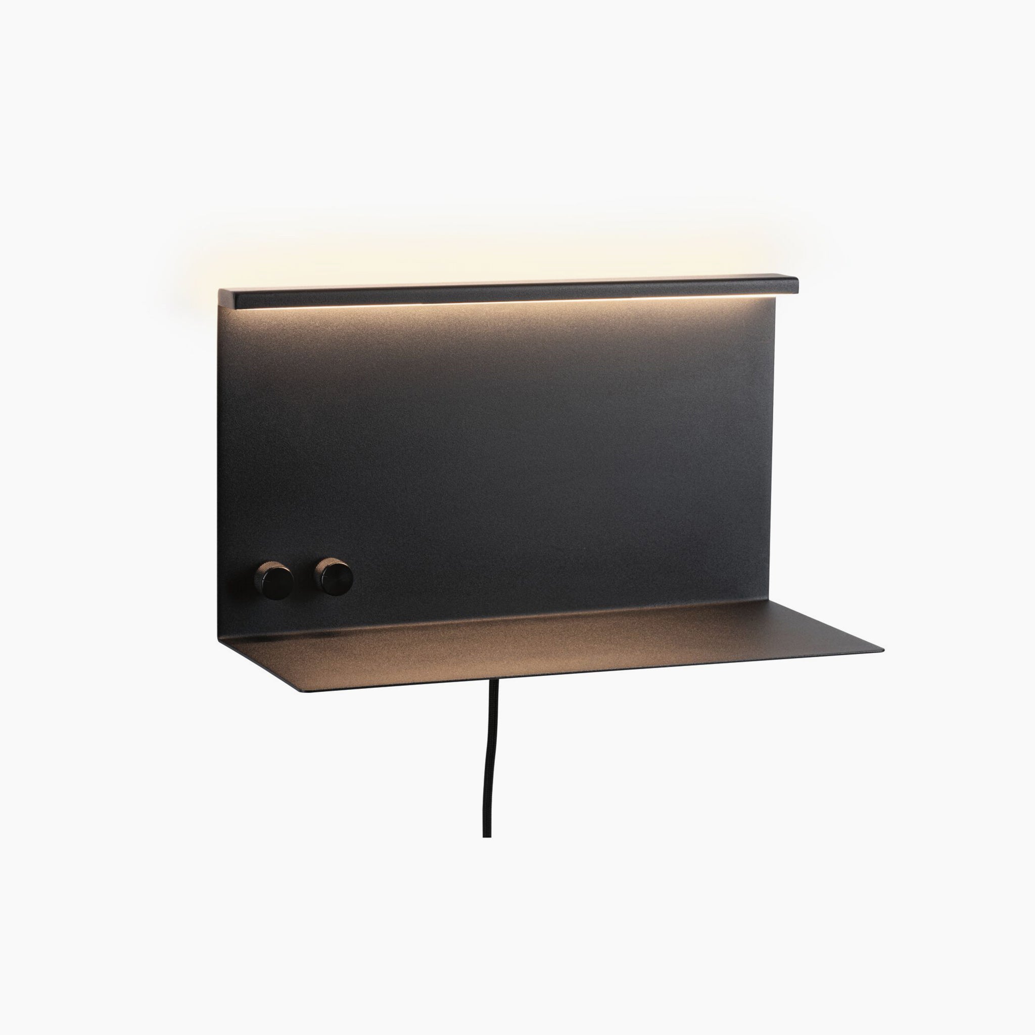 The Paulmann - Jarina 7.5W LED dimmable wall light in black matt is a minimalist design with integrated LED lighting, two knobs, and a USB-C port for charging.