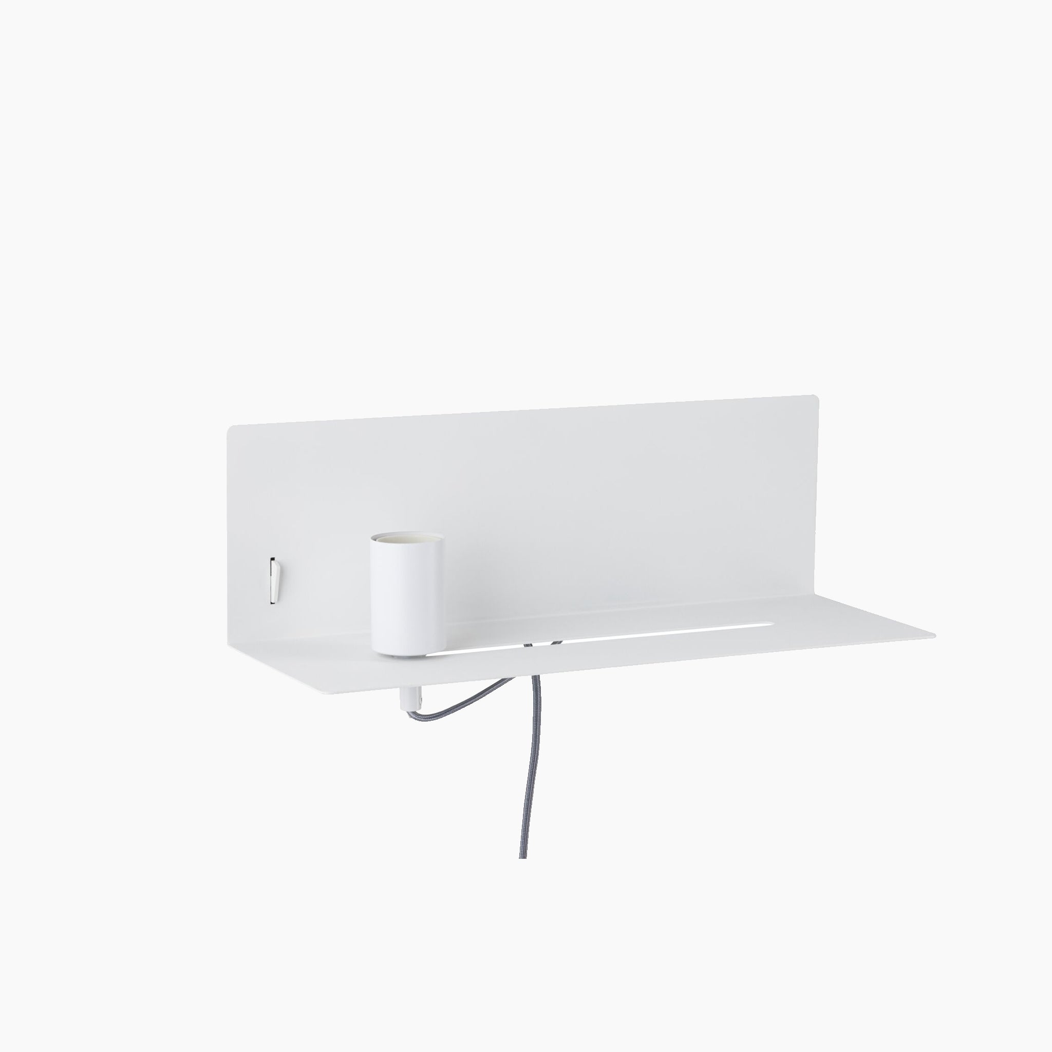 The Devara 40W Wall Mounted Lamp with USB Port in White Matt is a minimalist white wall-mounted reading light that includes an integrated shelf, built-in lighting, and a USB-C charging port, perfect for holding small items like a paper roll.