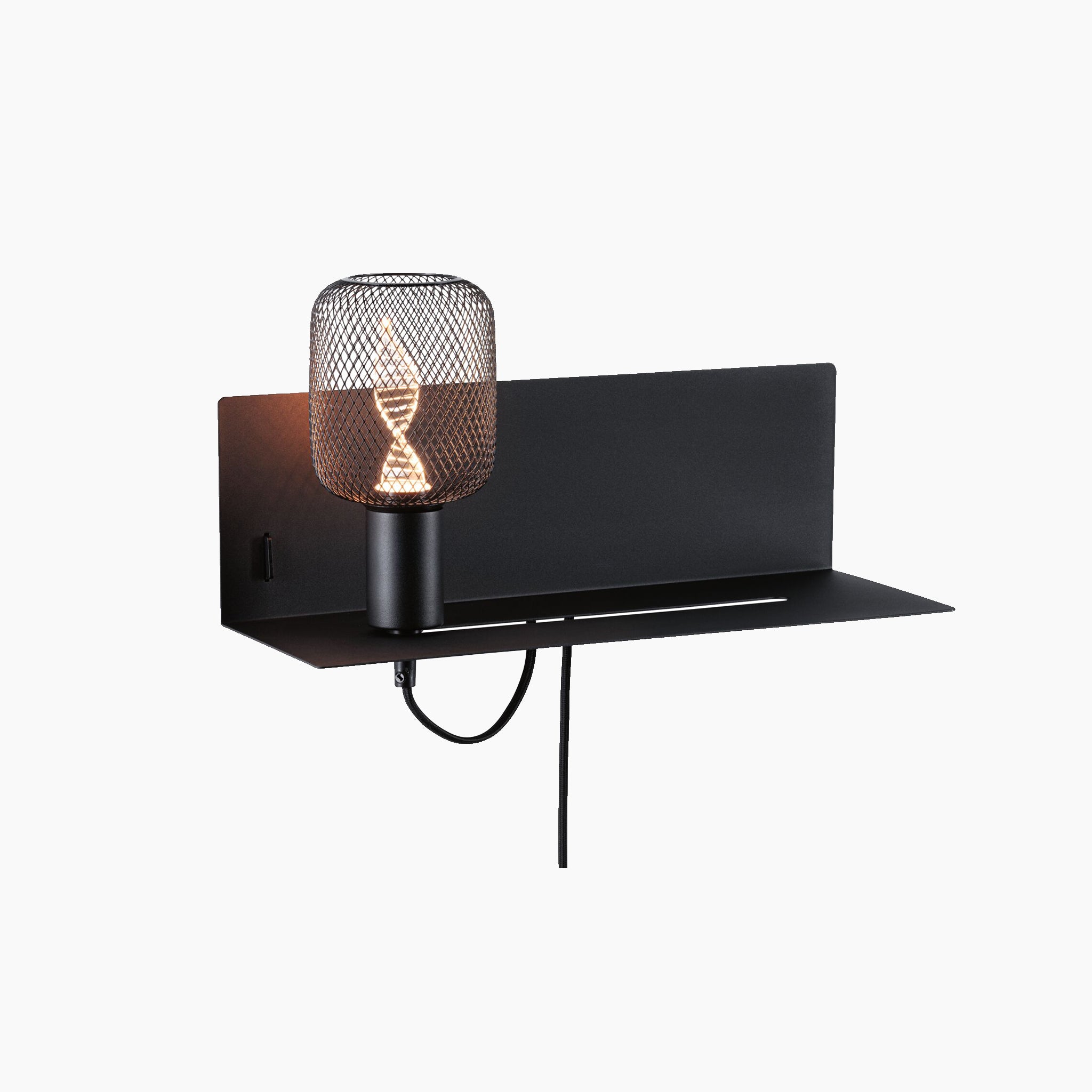 Introducing the Devara 40W Wall Mounted Lamp in Black Matt, featuring a mesh-covered bulb and integrated shelf, plus an upgraded USB-C charging port for added convenience.