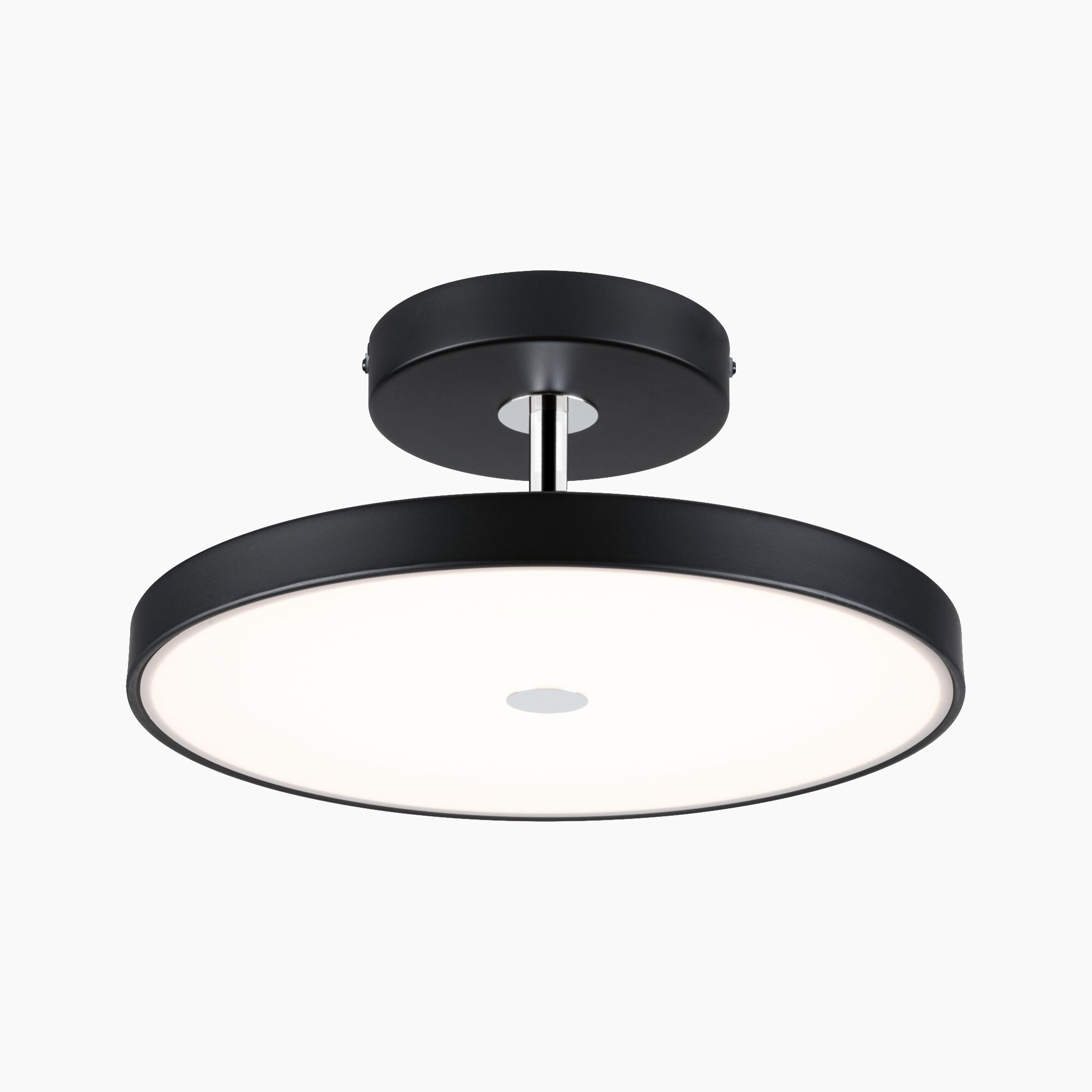 The Paulmann - Hildor 30W LED 2100lm Ceiling Light in Black Matt/Chrome has a round, flat design with LED technology and a bright white diffuser, providing dimmable lighting to suit any ambiance.