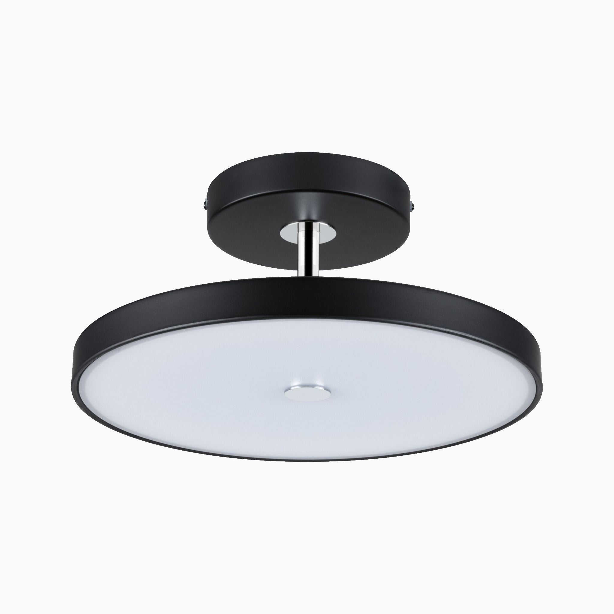 The Paulmann Hildor 30W LED Ceiling Light, finished in black matt and chrome, showcases a modern circular design with a white frosted diffuser and offers adjustable brightness with its 3-step dimming feature.