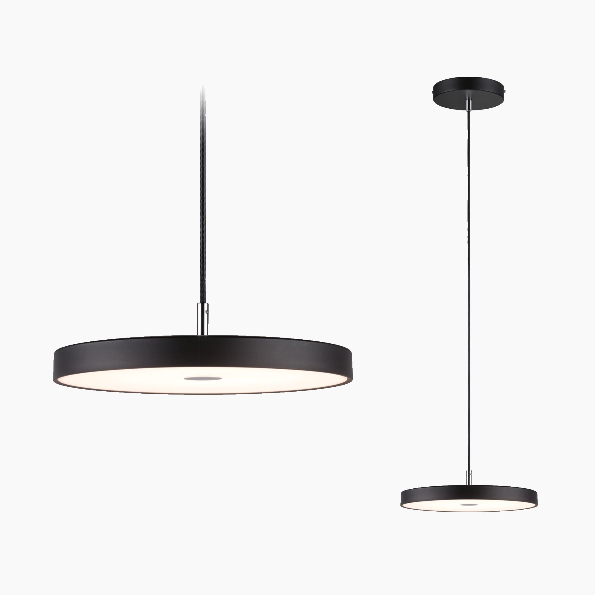 The Paulmann - Hildor 25W LED 1600lm Pendant Light with 3-Step Dim in Black Matt showcases two contemporary, circular pendant lights featuring black rims and white diffusers. These stylish pendant lights elegantly hang from the ceiling, highlighting sophisticated LED technology against a pristine white background.