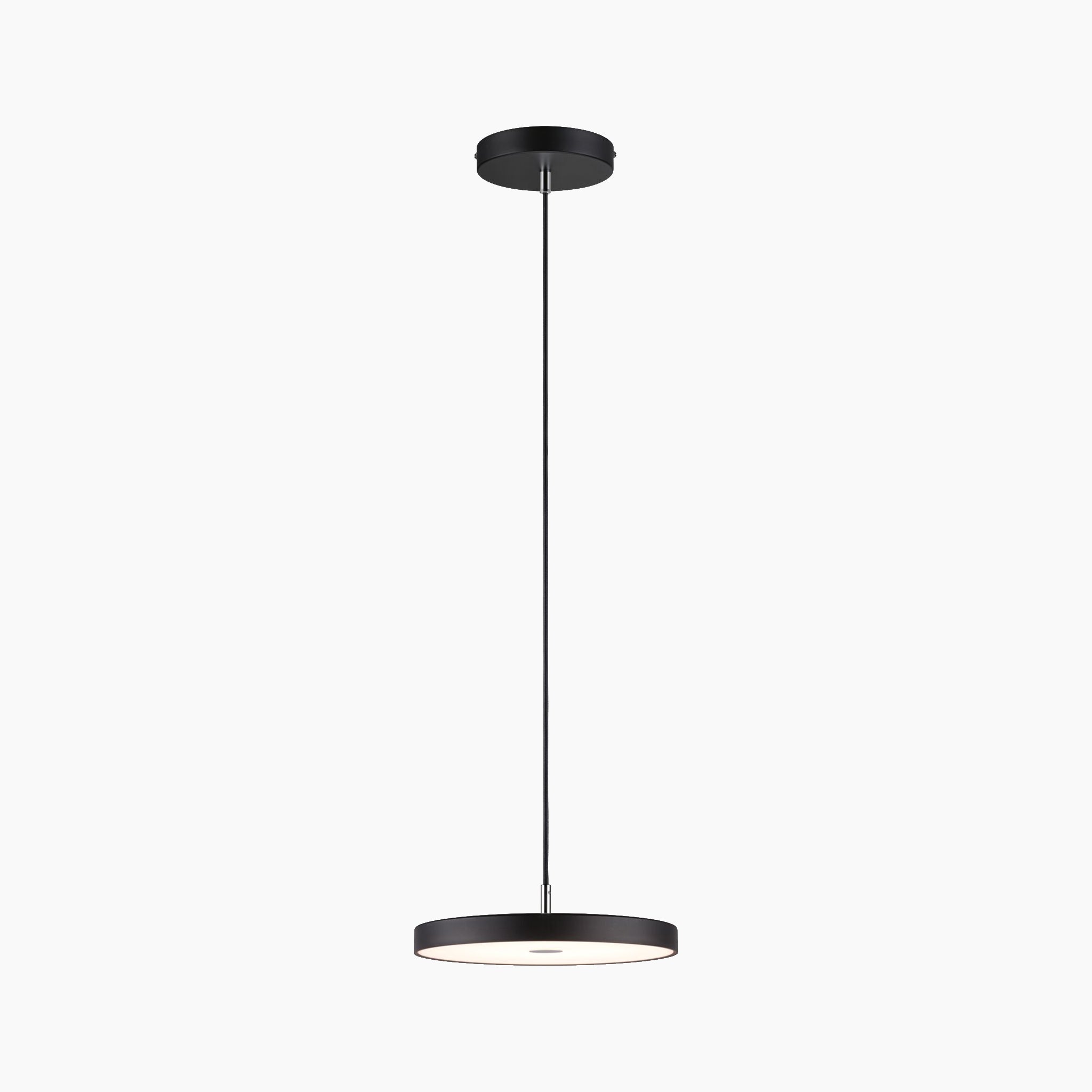 The Paulmann - Hildor 25W LED 1600lm Pendant Light with 3-Step Dim in Black Matt boasts a sleek black design, complete with a round shade and a single cord, combining modern aesthetics with advanced LED technology.