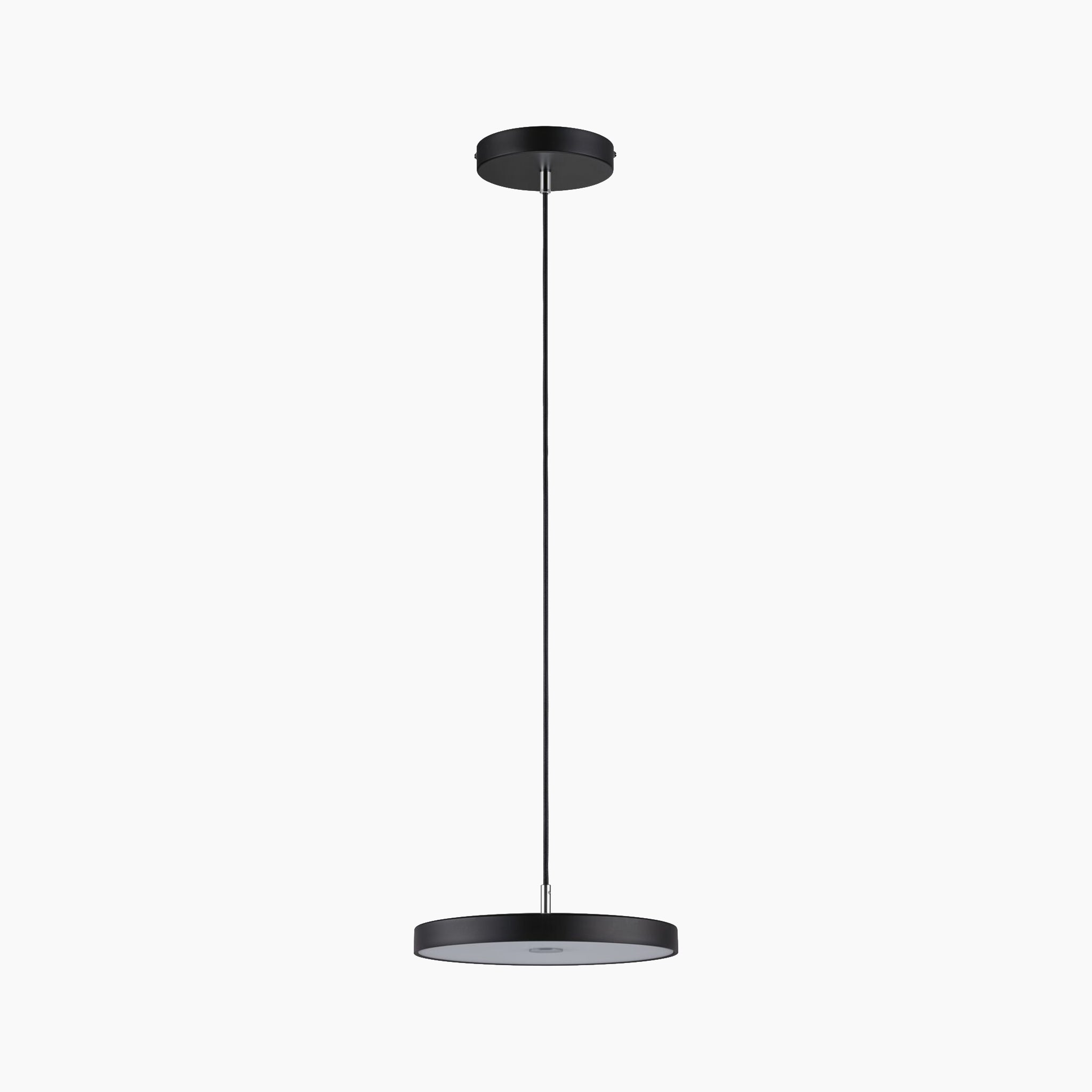 The Paulmann Hildor 25W LED 1600lm Pendant Light in Black Matt boasts a contemporary round flat shade and exudes modern elegance. It features a sleek design, using a thin cord for suspension from the ceiling, while its innovative LED technology provides efficient ambient lighting and offers a 3-step dimming feature for customizable illumination.