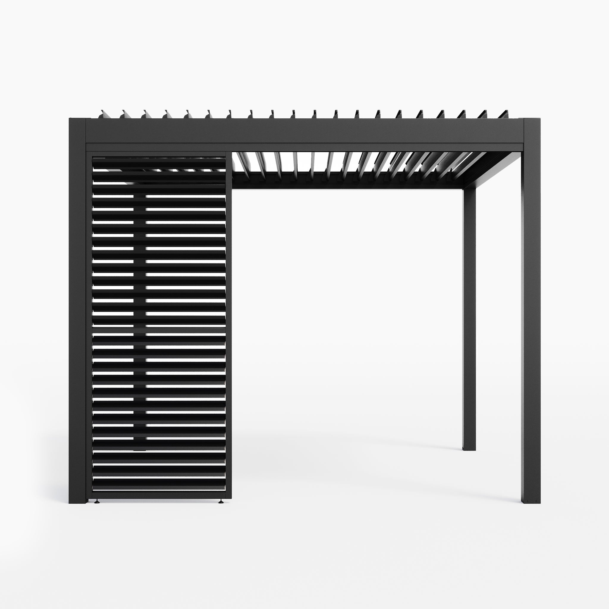 The PergoSTET Deluxe Louvred Side Panel for 3m offers a modern grey pergola with a minimalistic design, featuring an adjustable slatted aluminium roof and sleek side panel.