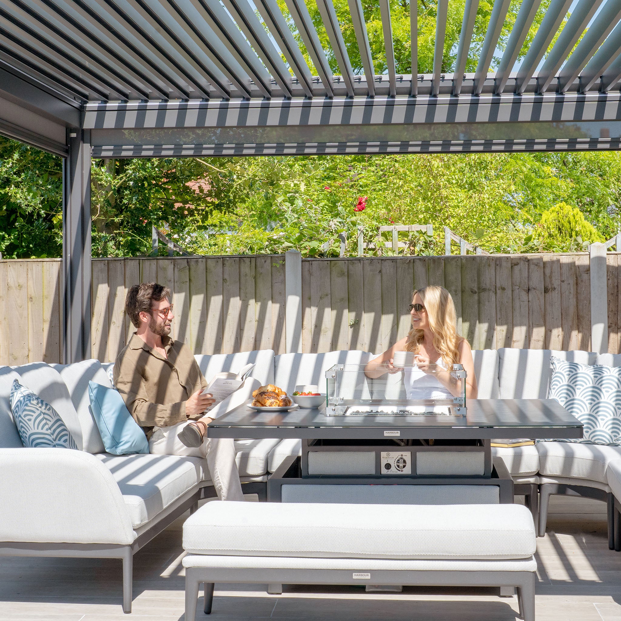 Luna U-Shape Outdoor Fabric Corner Dining with Rising Firepit Table in Oyster Grey