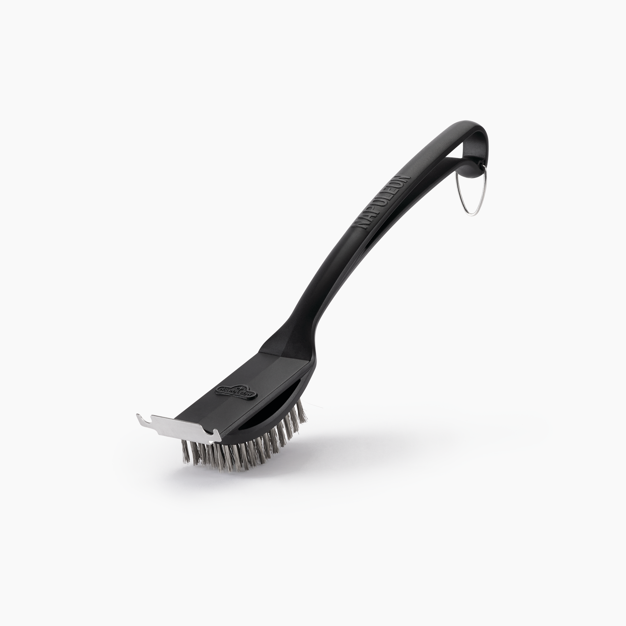 A Napoleon Grill Brush with Stainless Steel Bristles and Scraper, featuring a long handle with a hook loop for hanging, perfect for barbecue grill maintenance.